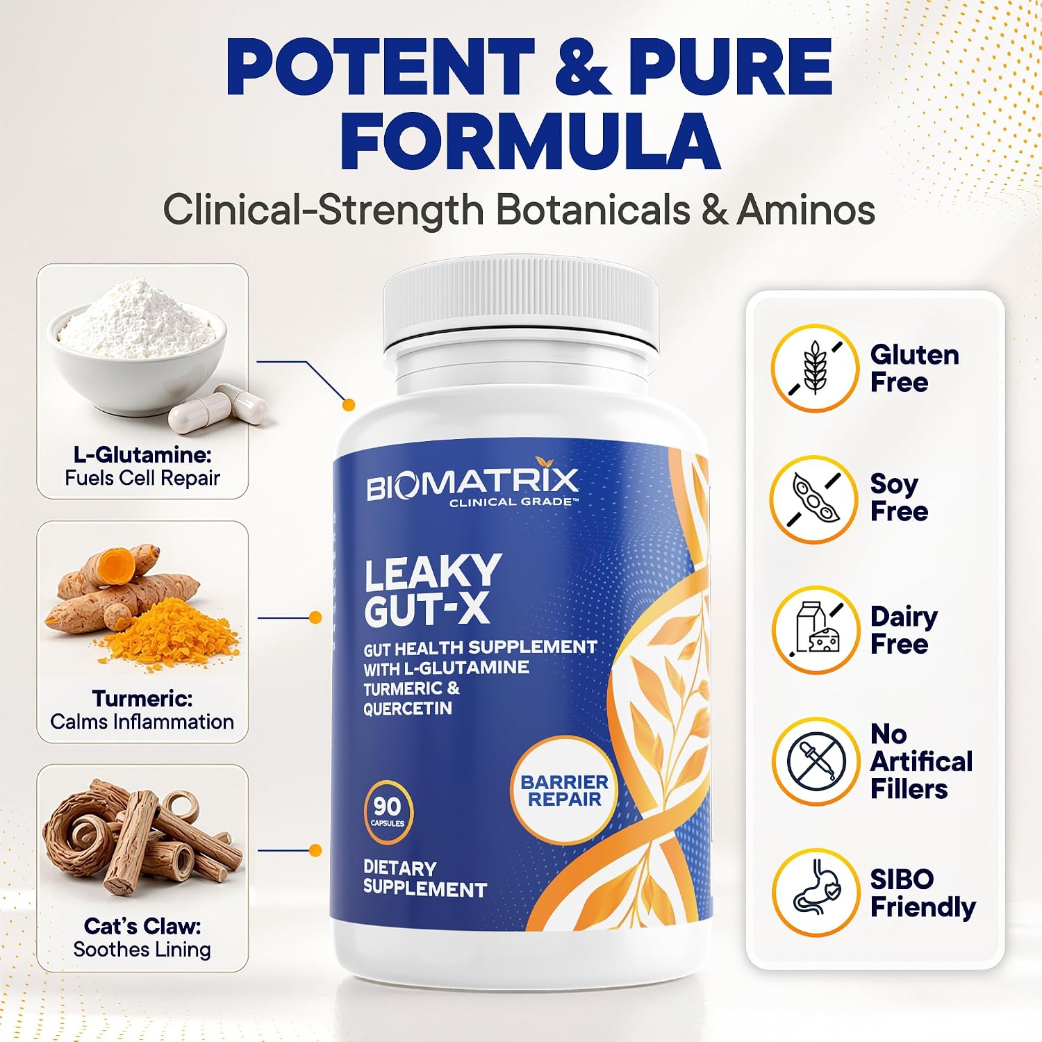 BioMatrix Leaky Gut Repair Supplement w/Glutamine, Quercetin, Cat's Claw, MSM, SIBO, Prebiotic Support