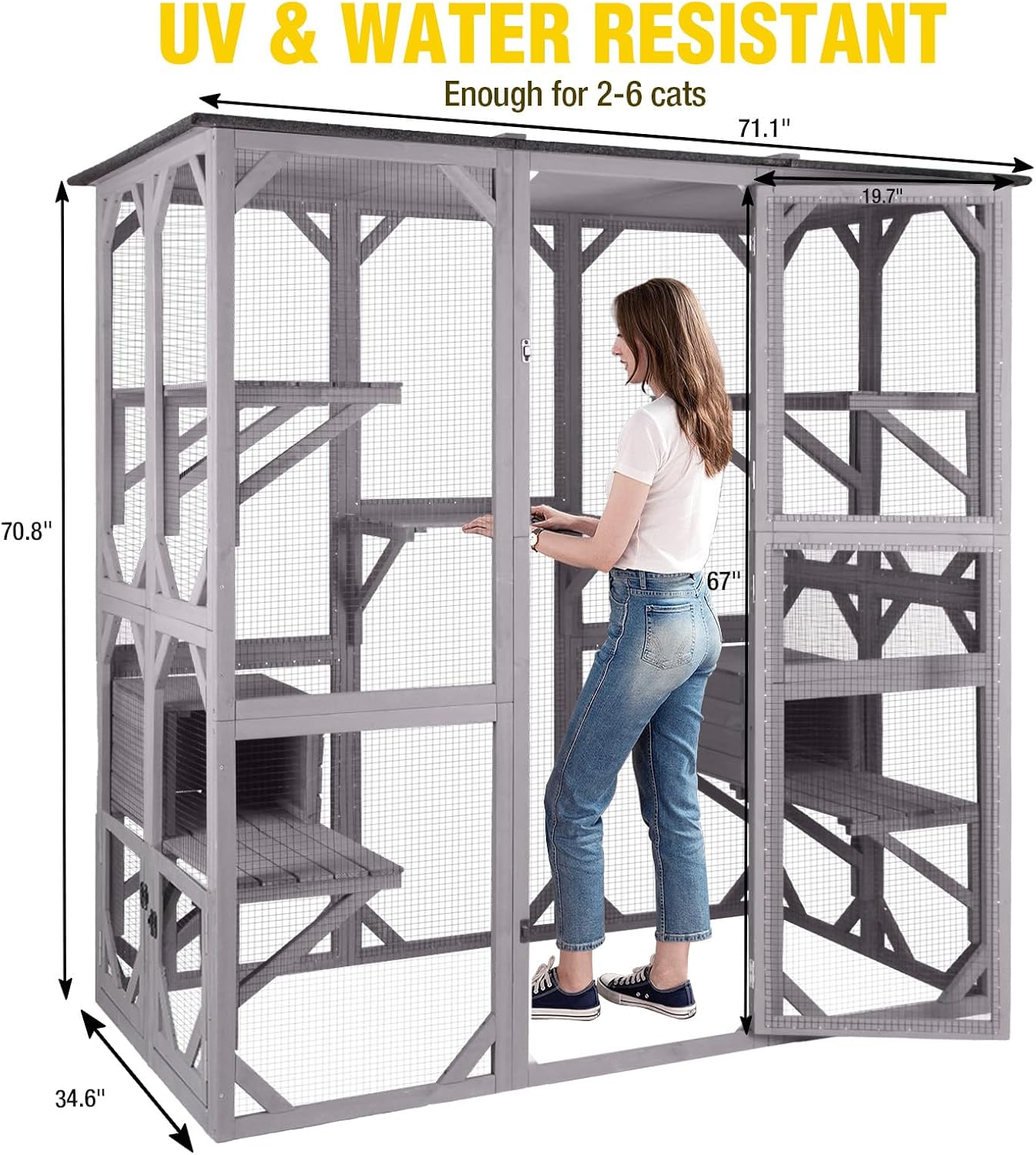 Aivituvin Cat House Outdoor Cat Catio Wooden Large Enclosure with Run on Wheels 70.9" Upgraded Version Catio with Reinforcement Strip