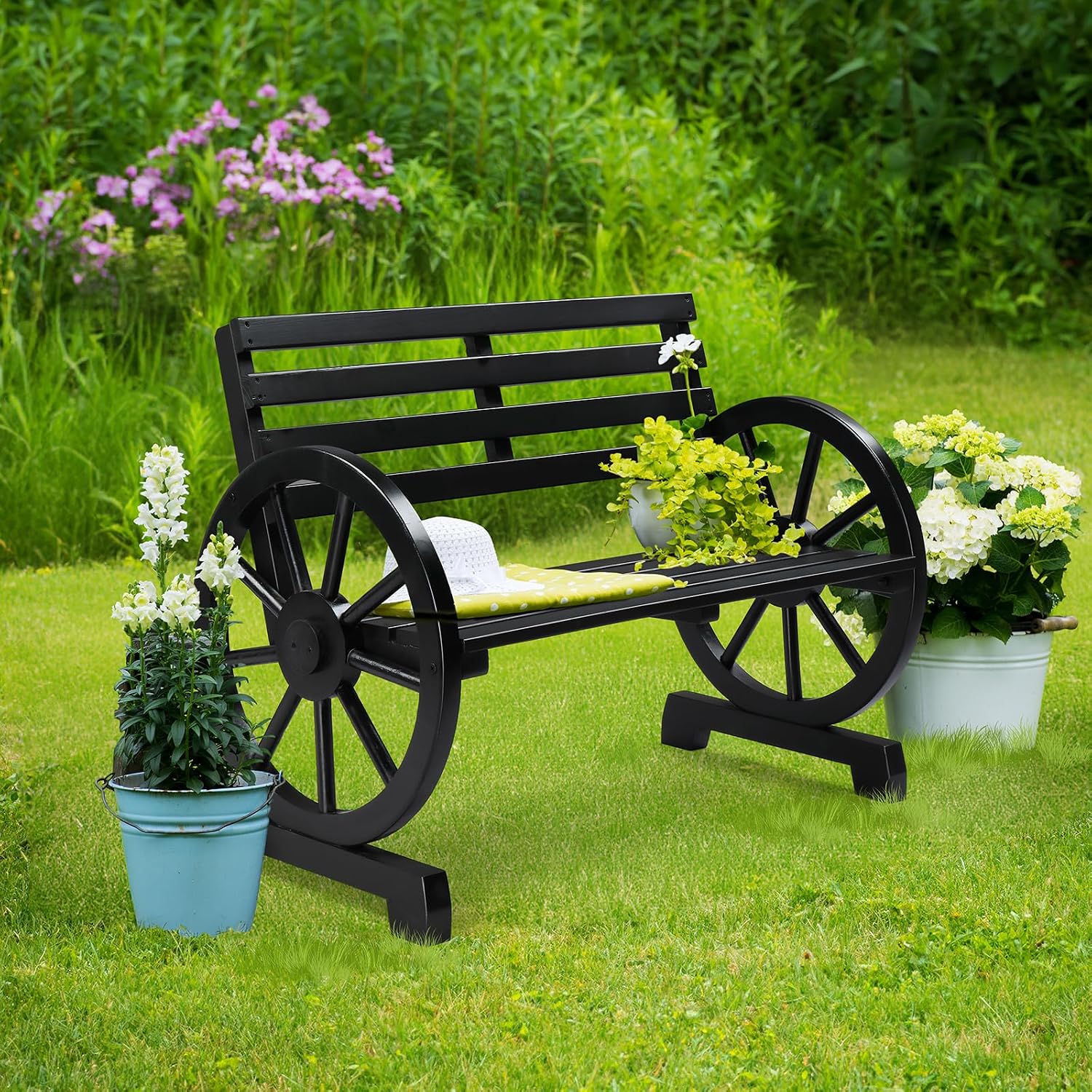 VINGLI Rustic Wooden Wheel Bench Outdoor Bench, Patio Bench Wagon Slatted Seat, Garden Benches for Outdoors 350lbs High Capacity