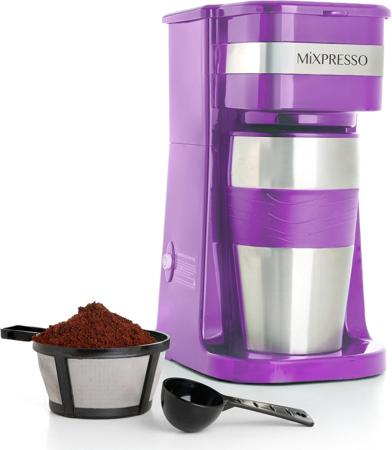 Mixpresso Single Serve & Single Cup Coffee Maker with 14oz Travel Mug Black | For ground coffee only, reusable filter, auto shut off. Compact personal drip coffee maker, not compatible with K-Cup pods.