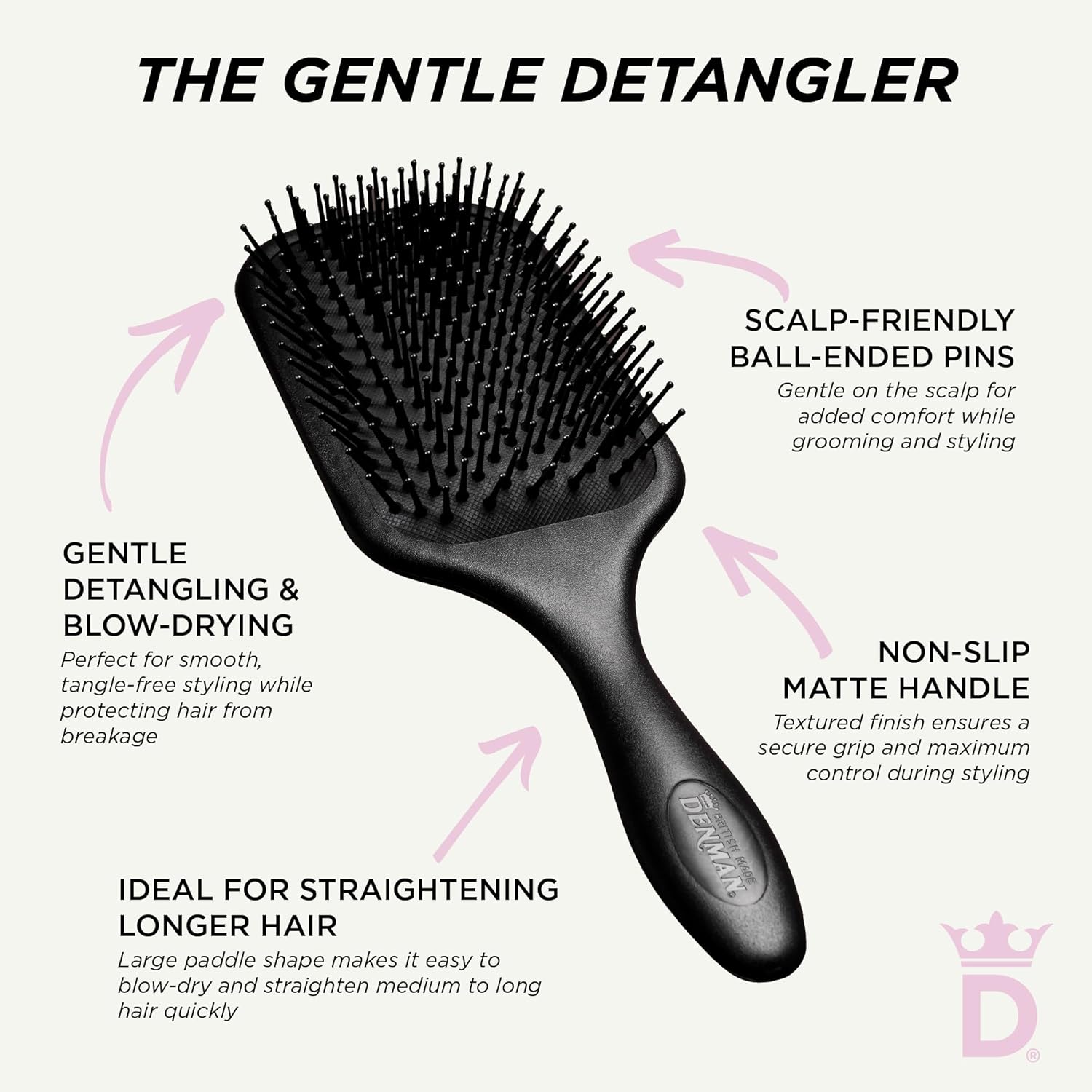 Denman Gentle Paddle Hairbrush for Comfortable Detangling, Blowdrying and Styling