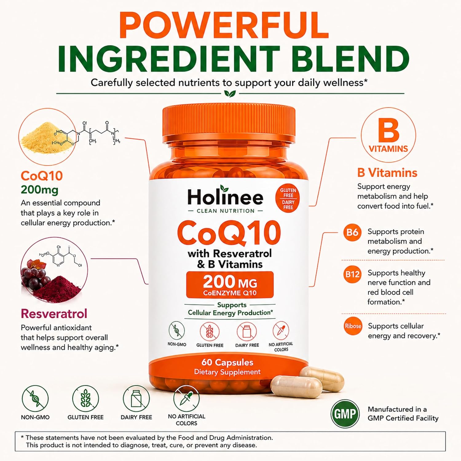 Holinee CoQ10 200mg with Trans-Resveratrol & B Vitamins, 60 Capsules | Enhanced Absorption, Cellular Energy, Antioxidant Support, GMO-Free