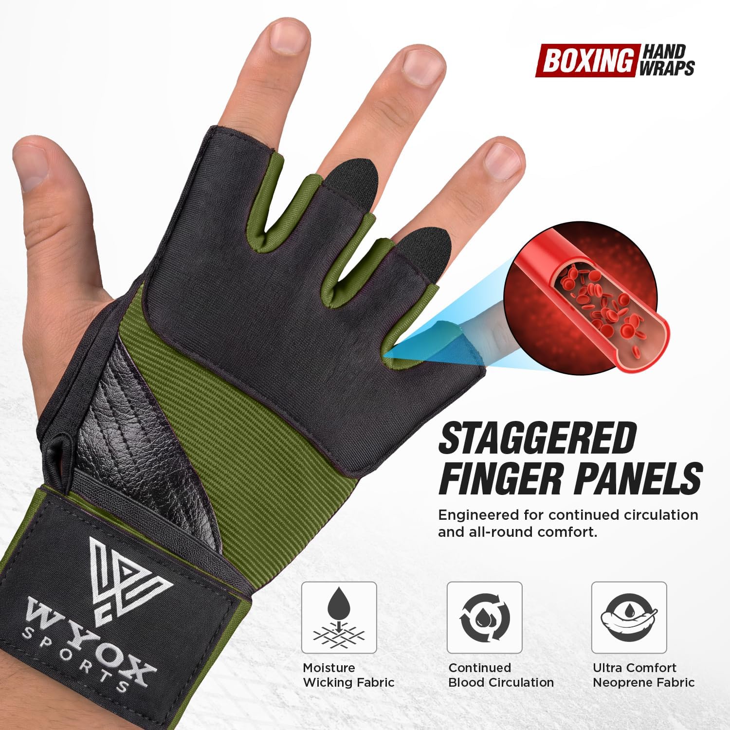 WYOX Neoprene Gel Boxing Hand Wraps Inner Gloves for Men & Women – 80cm/31in Quick Wrist Strap, Padded Knuckle Protection