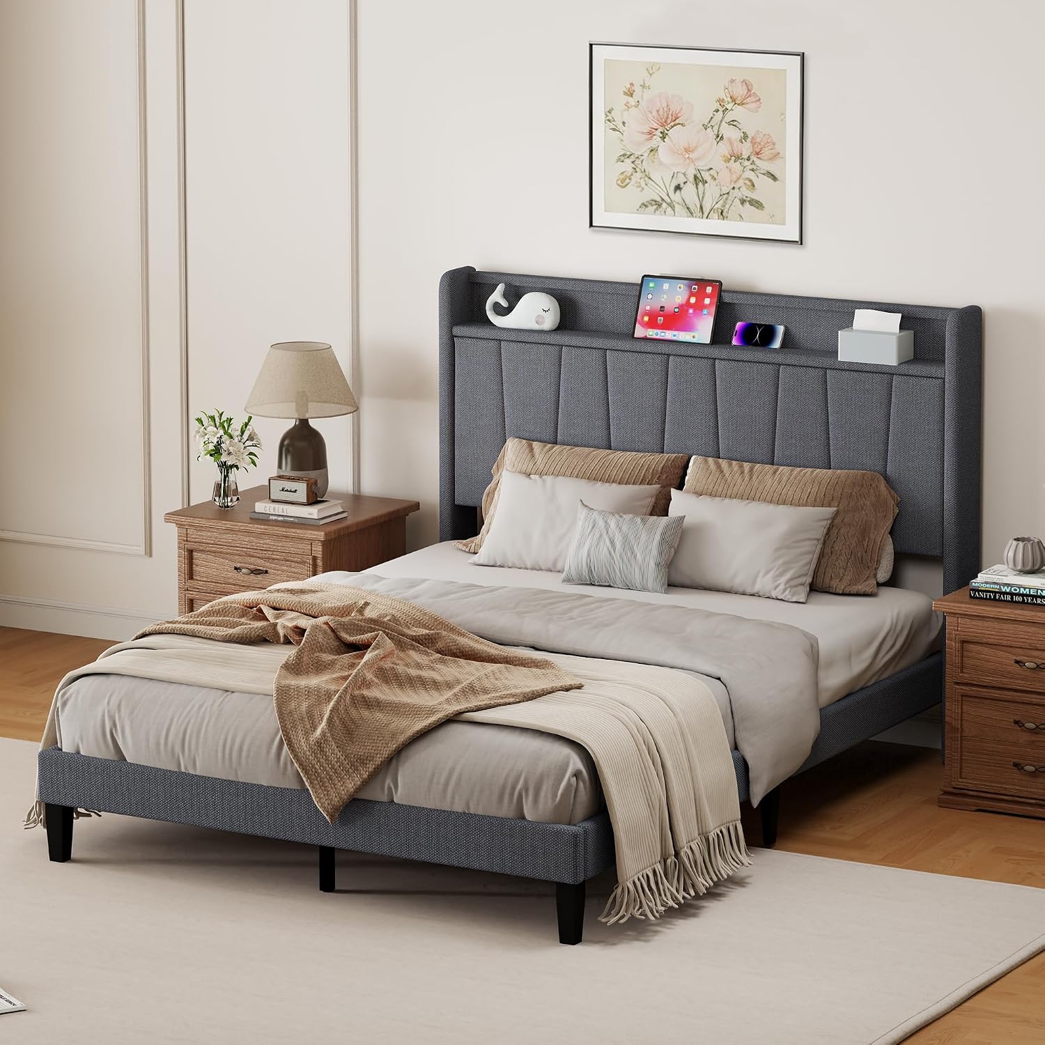 King Size Bed Frame with Headboard, Platform Bed with Upholstered Wingback Storage Headboard, Slats Support, No Box Spring Needed Beige