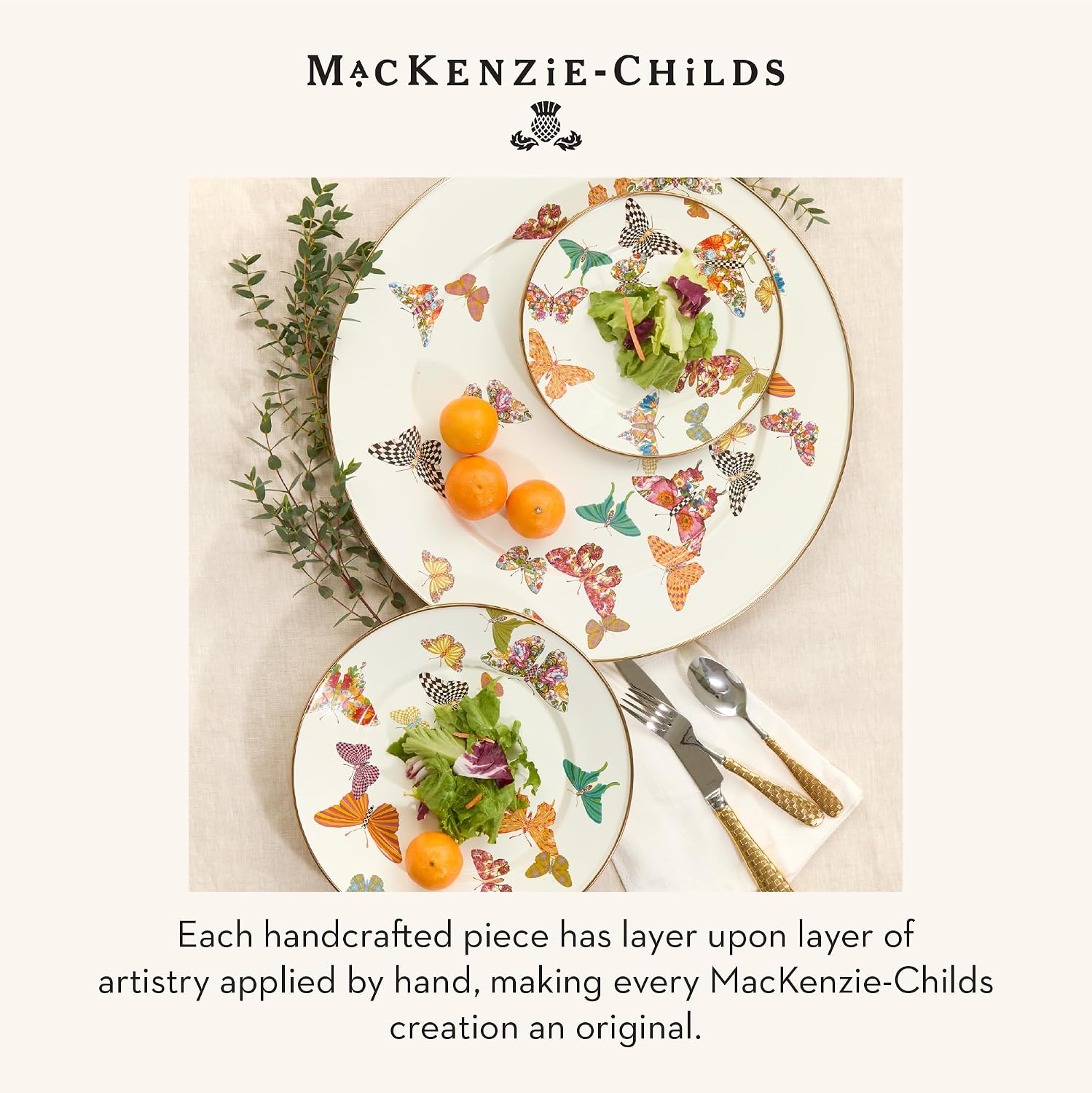 MACKENZIE-CHILDS Enamel Dinner Plate, Butterfly Garden | Hand-applied design, decorative dinnerware plate made from enameled steel, 10" dia.