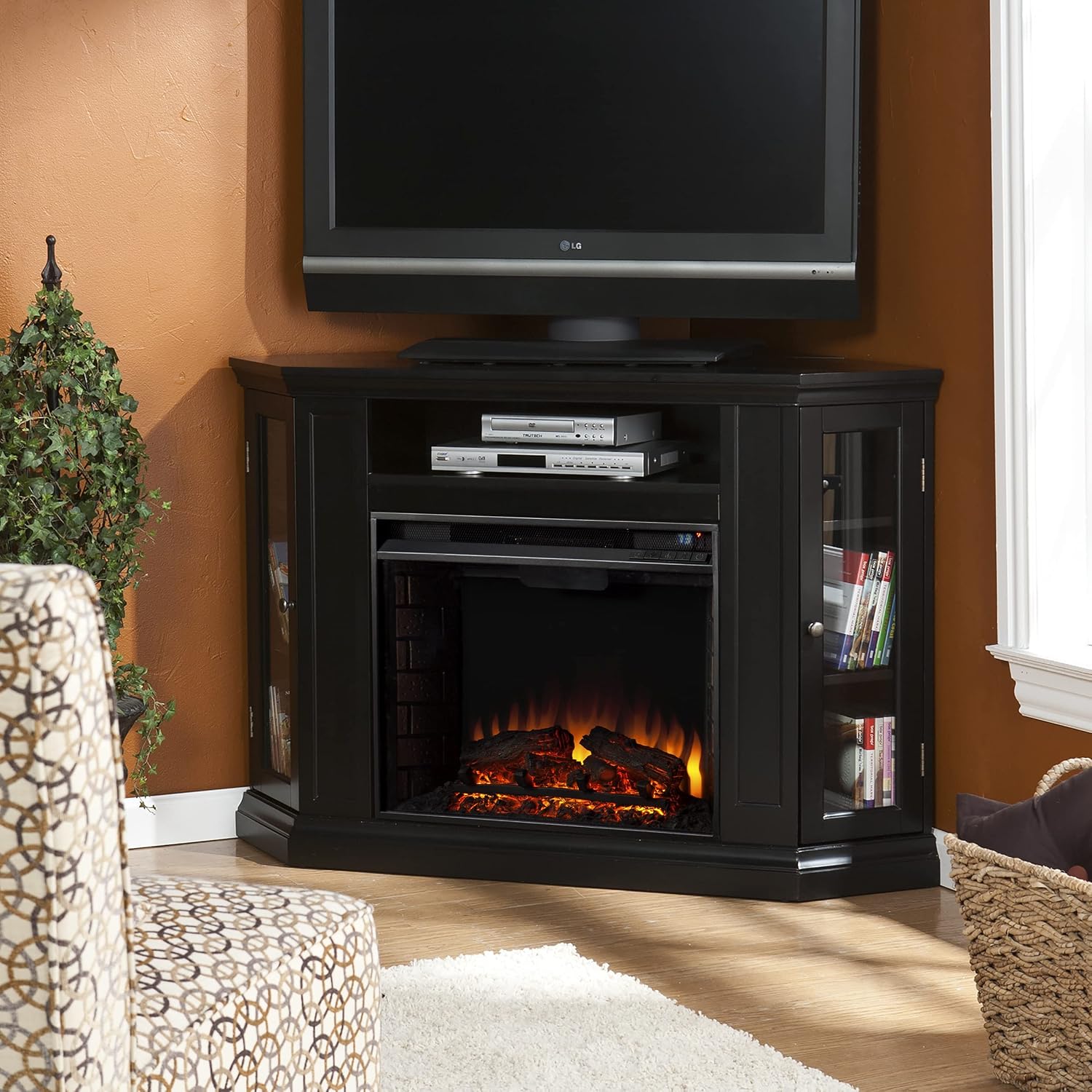 SEI Furniture Claremont Convertible Corner Electric Fireplace Media Stand with Storage, Black