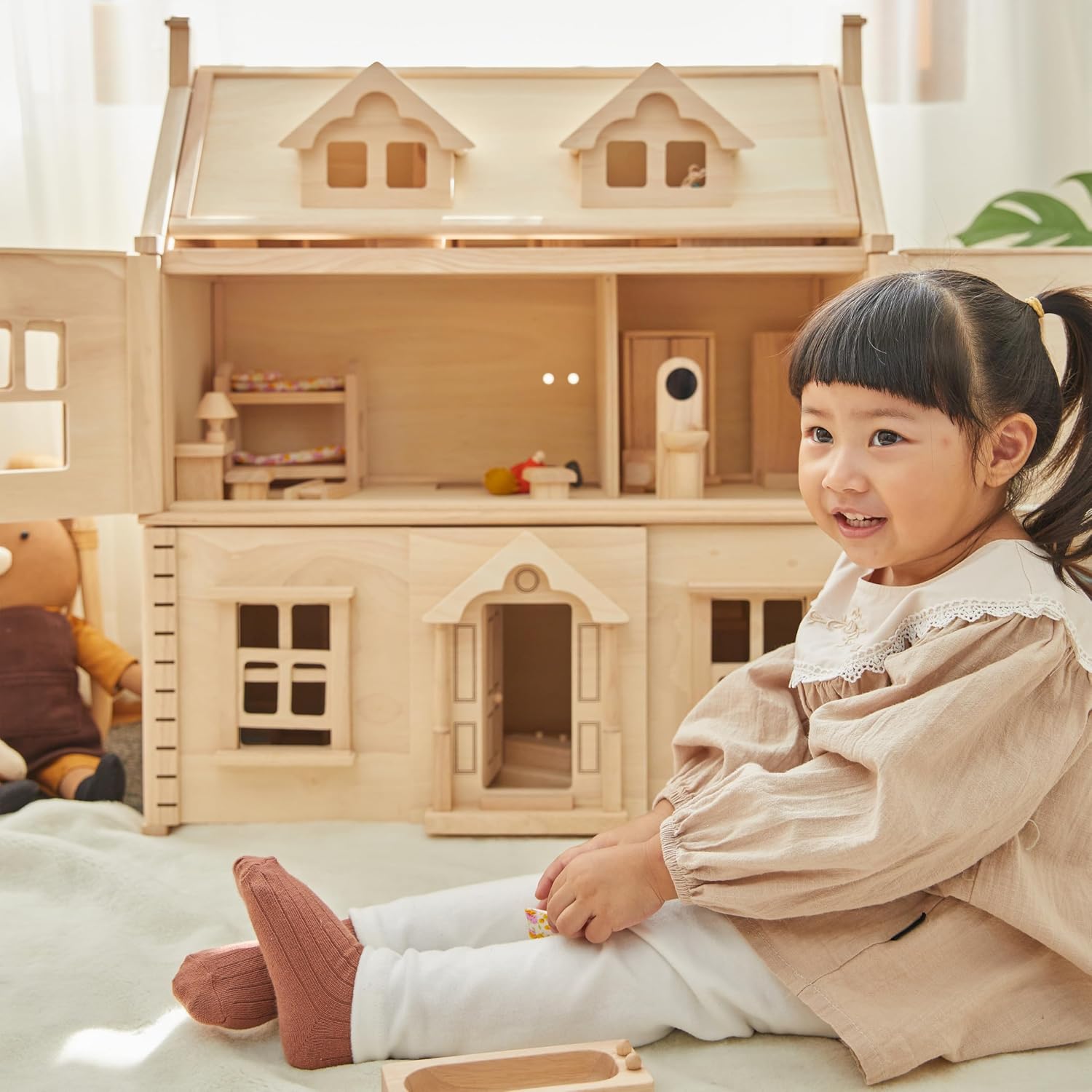 PlanToys® Green Wooden Dollhouse with Solar Panel, Wind Turbine & Furniture | recycling system, eco-friendly doll house, sustainable pretend play, kids, girls, environmental learning gift for boys