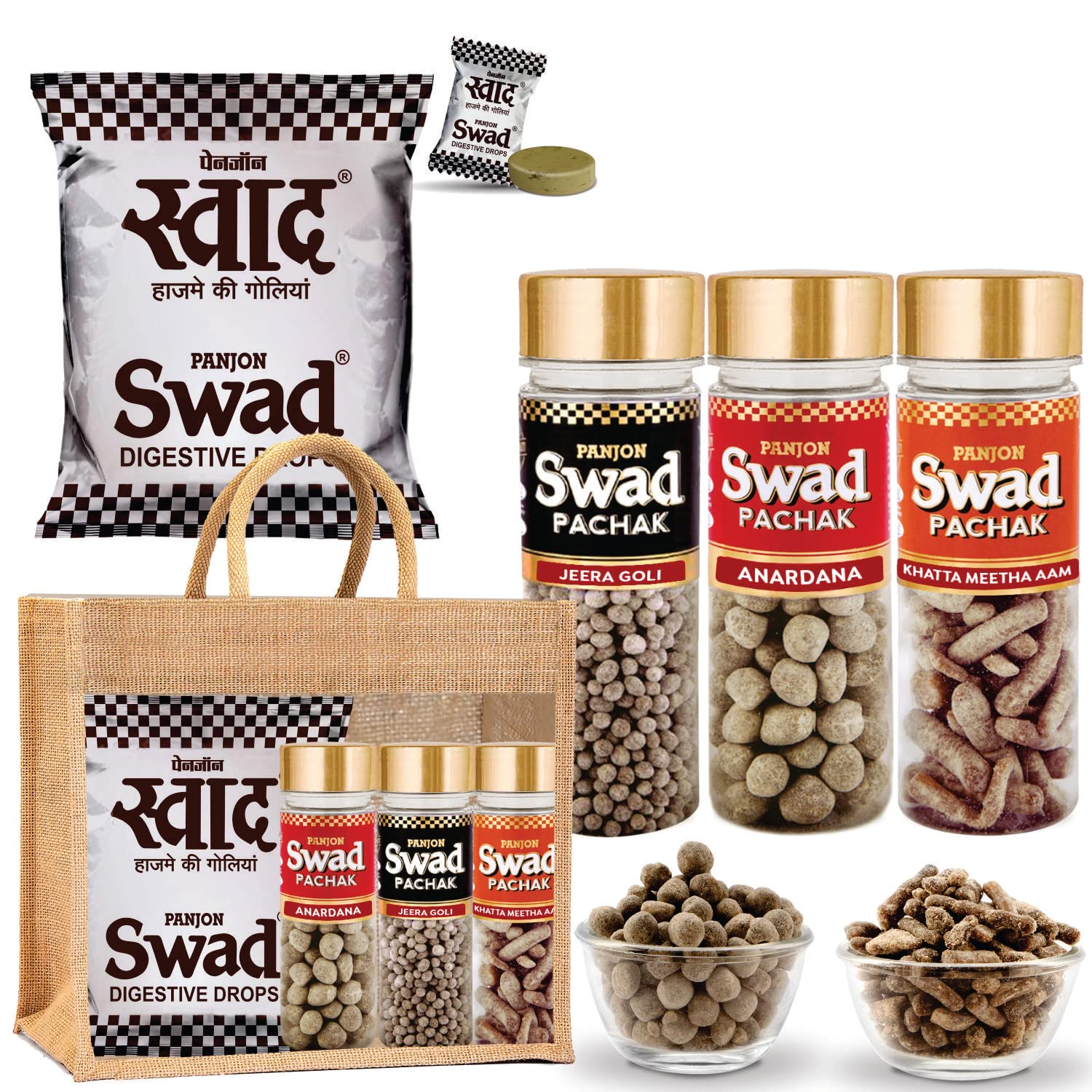 Swad MAHA SAVER PACK- Swad 25 Candy Pouchwith 3 premium bottles of Swad Pachak - ANARDANA, JEERA GOLI & KHATTA MEETHA KHAJOOR (Pack of 3)