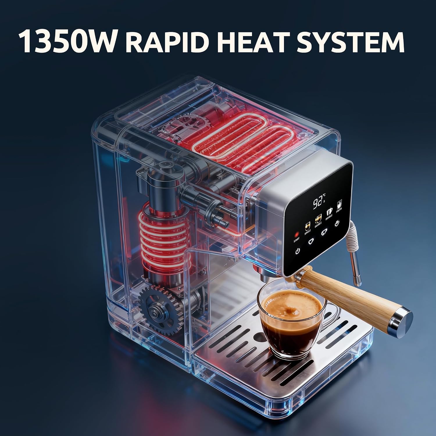 Touchscreen Espresso Machine with Steam Wand, 40.6oz Water Tank | Milk Frother for Cappuccino, Latte, Compact Design, Quick Thermoblock Heating System