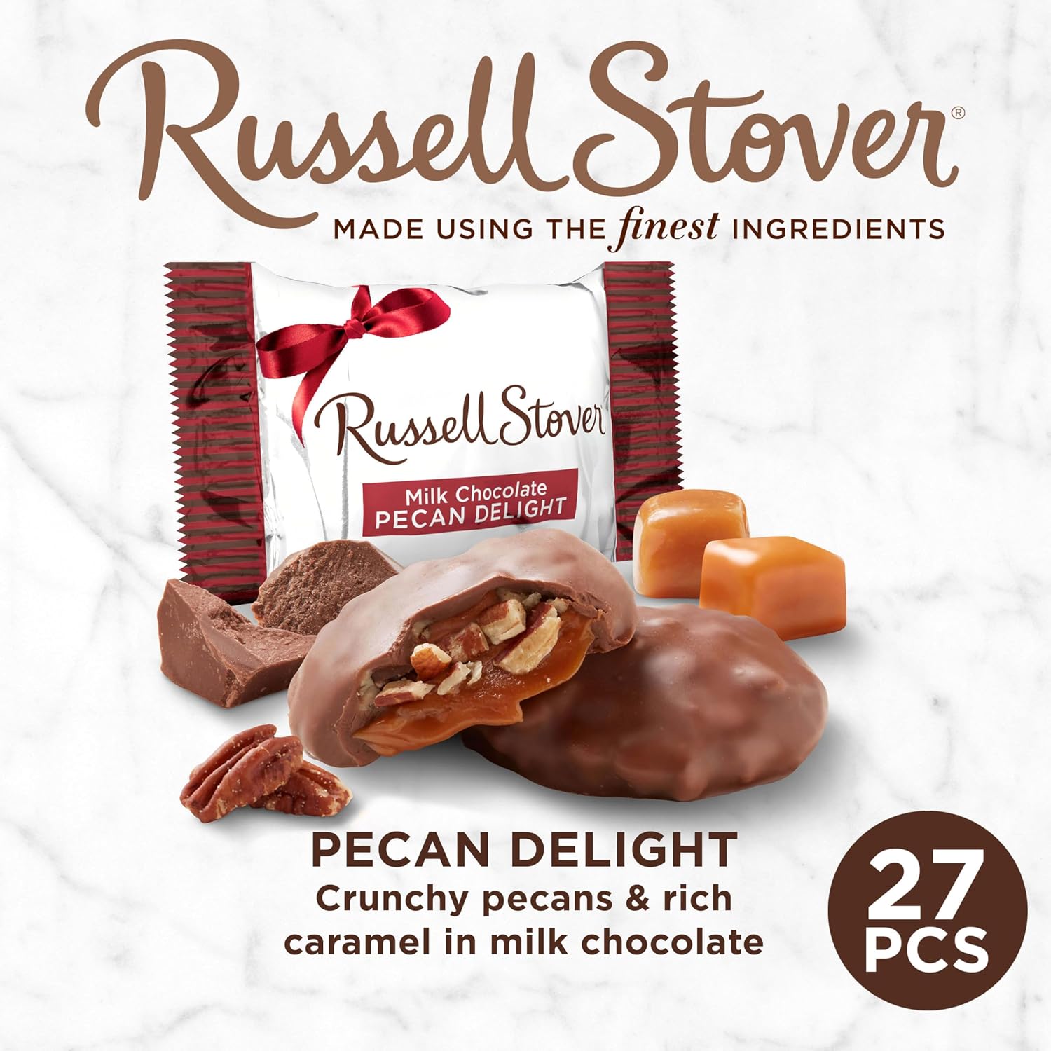 Russell Stover Pecan Delight Gusset Bag 16.10 Ounce Russel Stover Milk Chocolate Covered Candy Pack, Crunchy Pecans and Buttery Caramel Covered In Sweet Milk Chocolate Candy, Individually Wrapped | Individually Wrapped Pieces, Crunchy Pecans, Buttery Car…