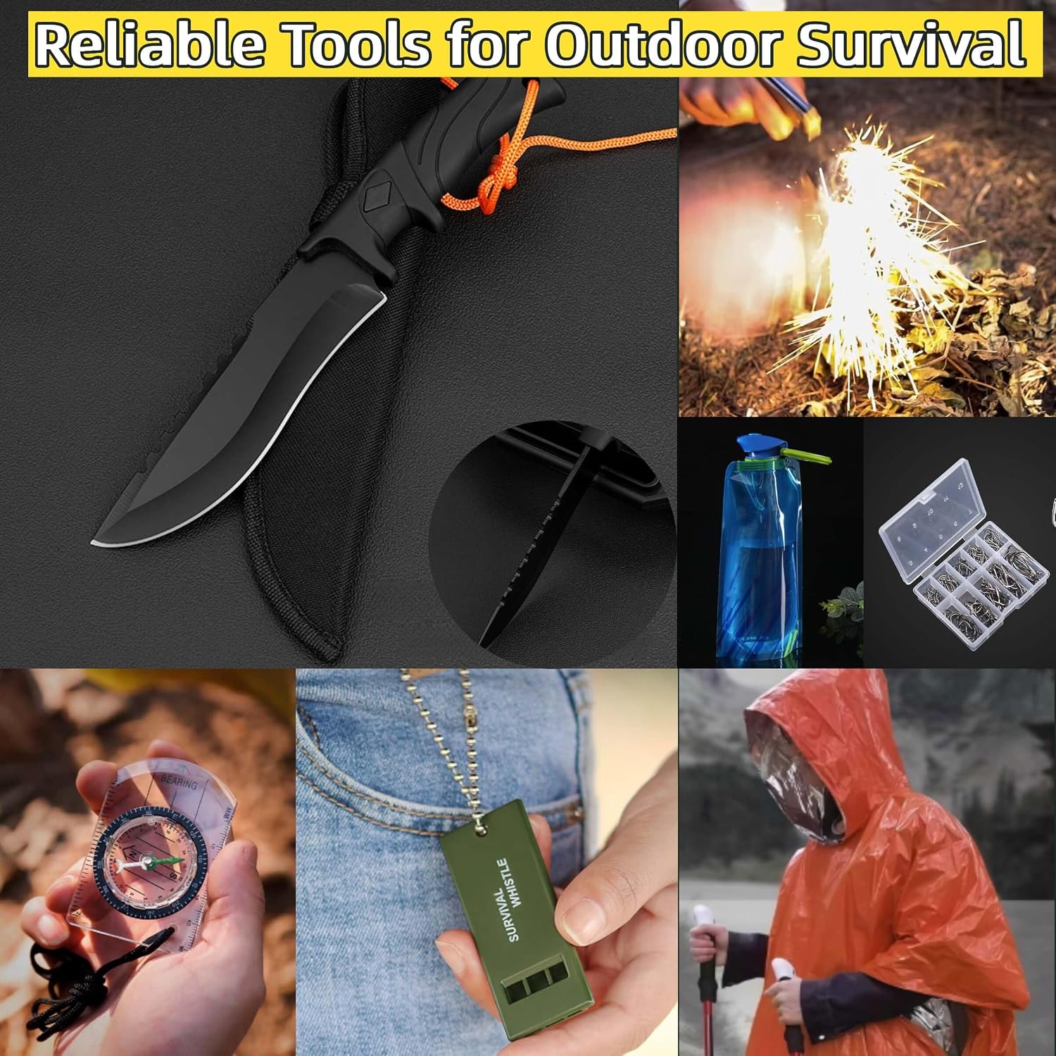 Camping Survival Kit, All in One Outdoor Emergency Gear with Knife, Fire Starter, Fishing Kit, Water Pouch & Compass for Hiking Backpacking Bushcraft Gift for Him