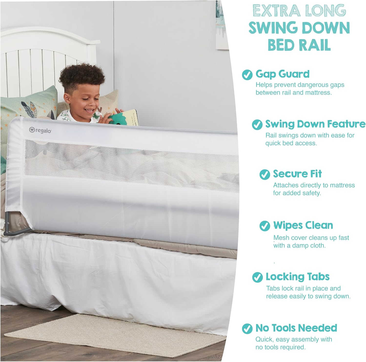 Regalo Safety 54” Extra Long Hideaway Bed Rail Guard for Toddlers, Toddler Bed Rail with Reinforced Anchor Safety System, 20” Tall Bed Safety Rail, Fits Twin, Full & Queen Beds