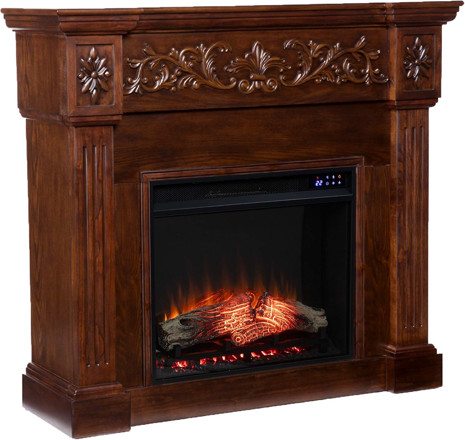SEI Furniture Calvert Electric Fireplace with Carved Floral Trim, New Espresso