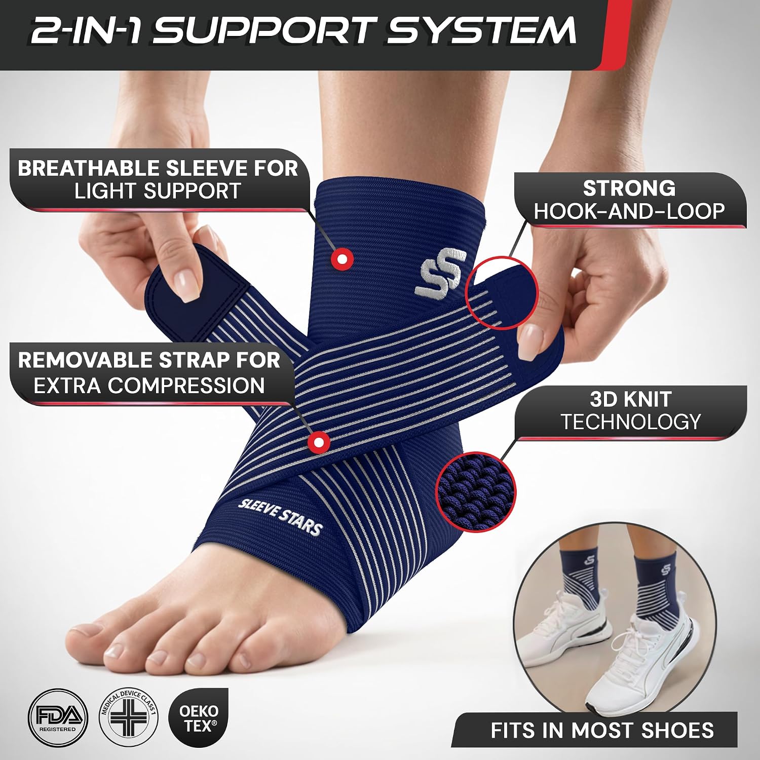 Sleeve Stars Ankle Brace for Women & Men, Ankle Wrap for Sprain, Compression Sleeve for Plantar Fasciitis Relief, Easy Customizable Support: w/ Removable Strap (Single/M:10"-12"/Black)
