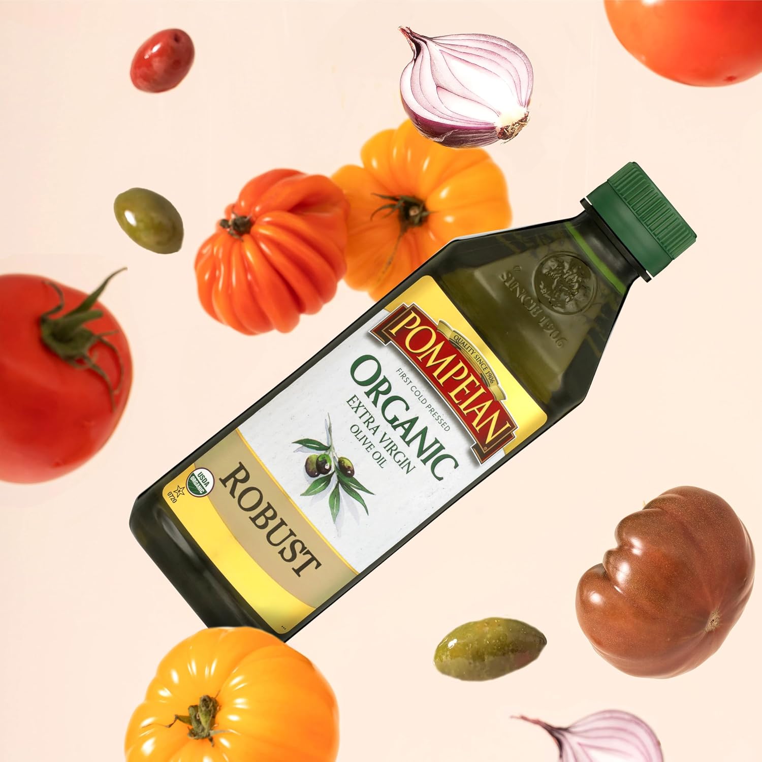 Pompeian Robust Organic Extra Virgin Olive Oil - 16 fl oz | First Cold Pressed Olive Oil for Cooking - Full-Bodied Taste for Dressings and Marinades