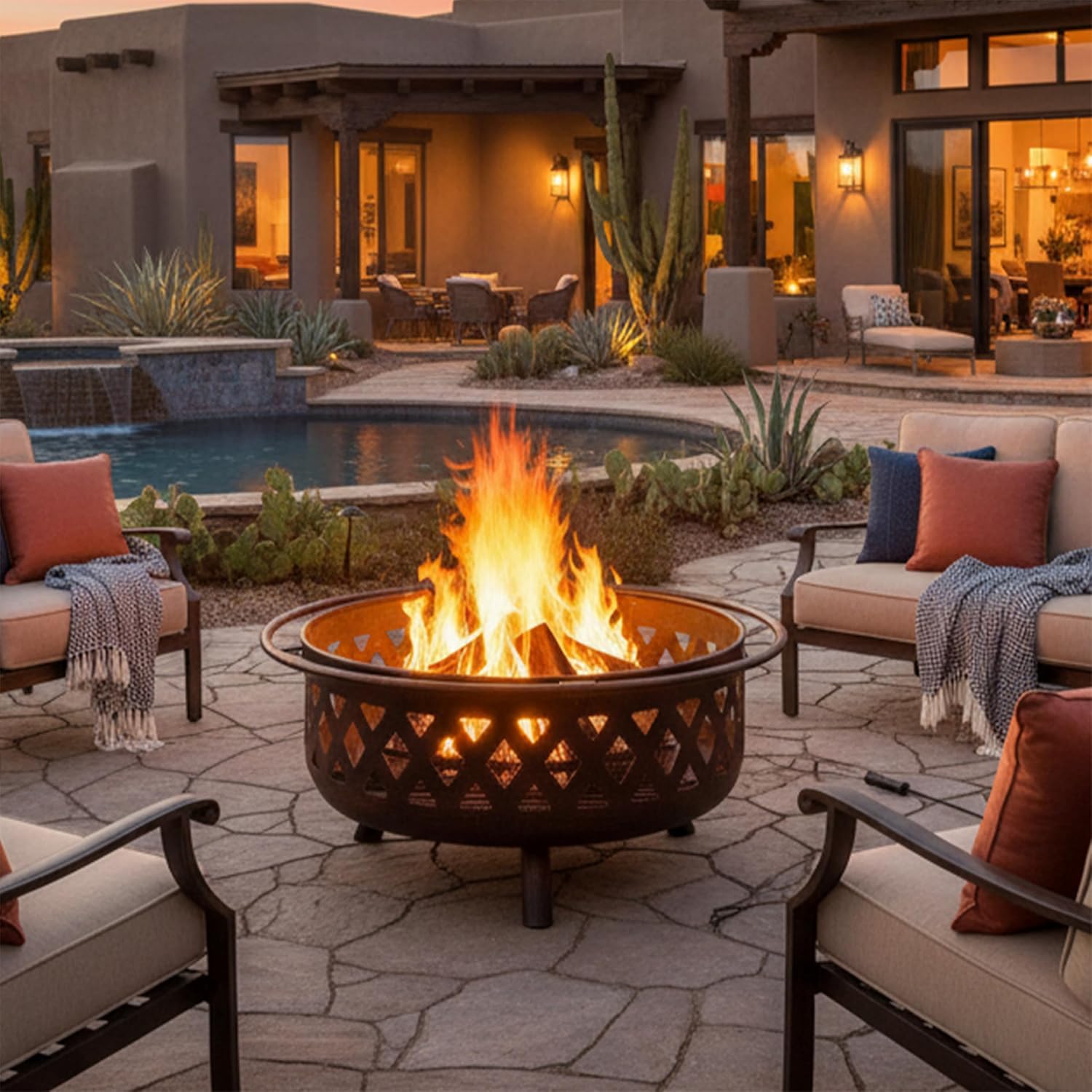 Sunnydaze Crossweave Large Outdoor Fire Pit, Wood Burning, Round, 36" | Black, Heavy Duty Steel Metal, Patio Fire Pit with Spark Screen, Poker, & Cover, Wood Firepit for Outside, Backyard, or Deck