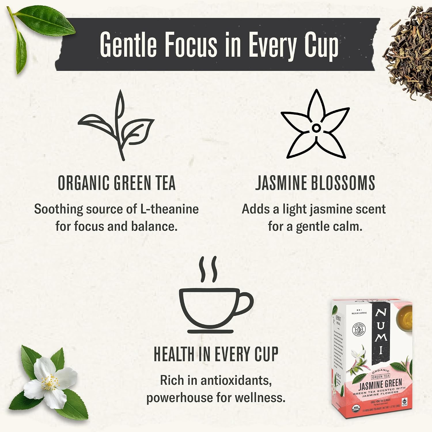 Numi Organic Gunpowder Green Tea – 54 Green Tea Bags – Bold, Smooth Flavor, Packed with Antioxidants, Naturally Energizing, Microplastic-Free Tea Bags