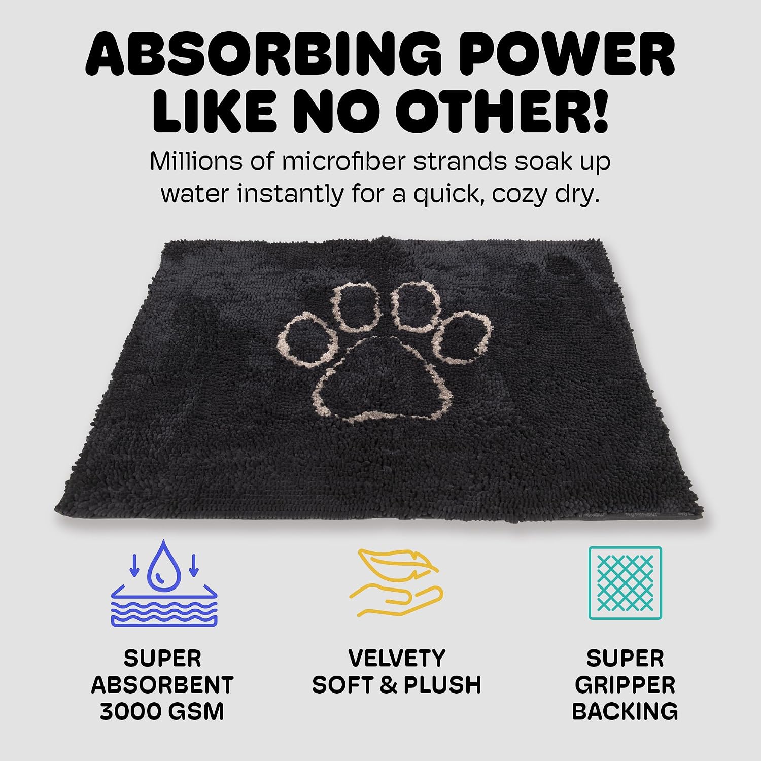 Dog Gone Smart Dirty Dog Doormat - Fast Drying Rug with Super Gripper Backing for Clean Floors - Super Absorbent and Machine Washable Mat for Muddy Paws - Grey