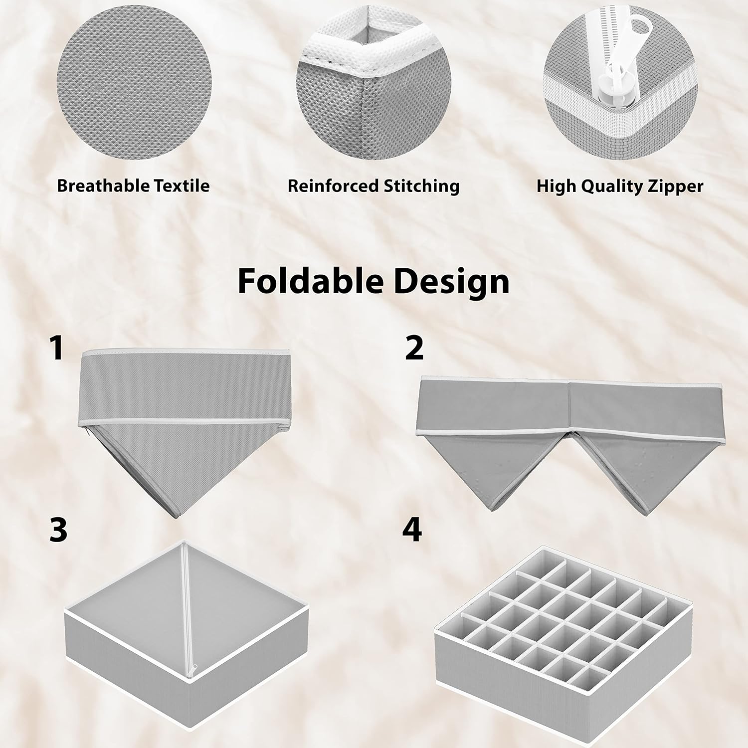 Simple Houseware 4-Pack Drawer Organizer Set for Underwear/Socks/Bra, Gray | Closet Dividers for Underwear, Socks, Bras, Scarves, Ties - Foldable Non-Woven Storage Boxes