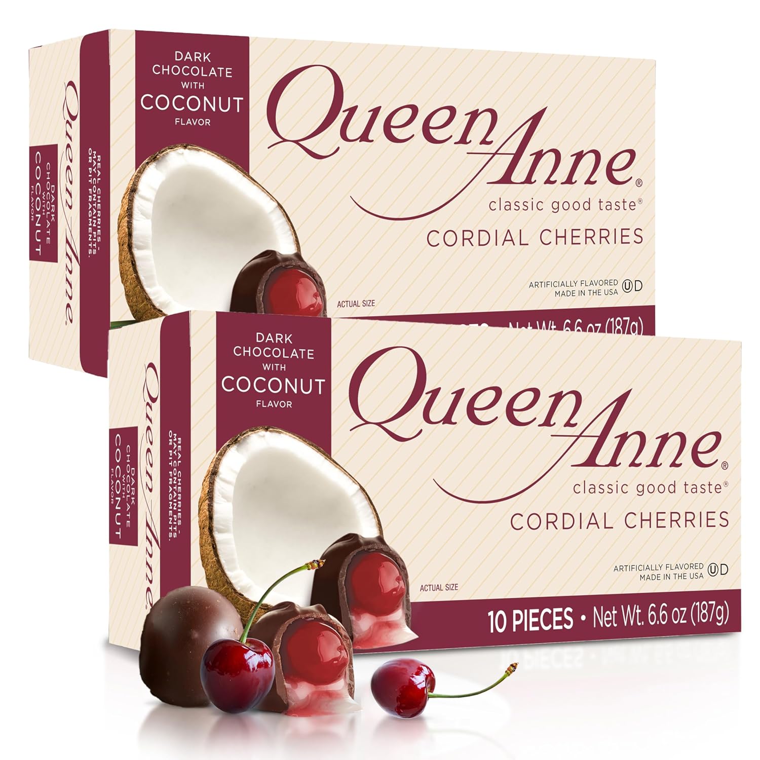 Queen Anne French Vanilla Chocolate Covered Cordial Cherries | 6.6 oz | 10 Piece Gift Boxes | Whole Maraschino Cherry Creamy Filled Liquid Center | Holiday Party Chocolate Candy