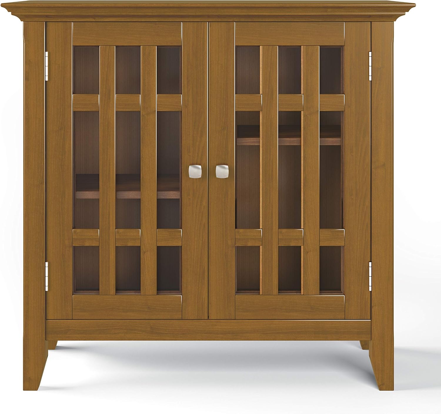 SIMPLIHOME Bedford 62" Wide Solid Wood Sideboard in Brunette Brown | Transitional low media console with glass doors and storage shelves for the living room, entryway or dining room.