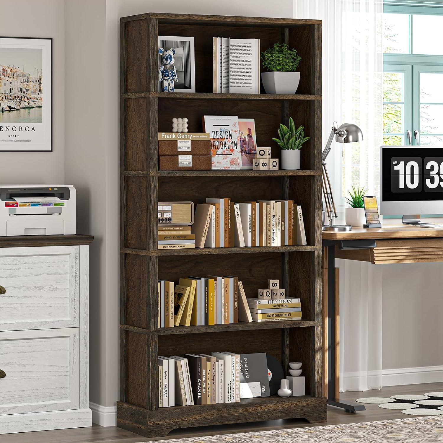 TVU 5 Tiers Wooden Bookshelf, 65.2" Tall Farmhouse Style Open Bookcase, 31.5" Wide Standing Book Shelf with Storage for Study Room, Living Room