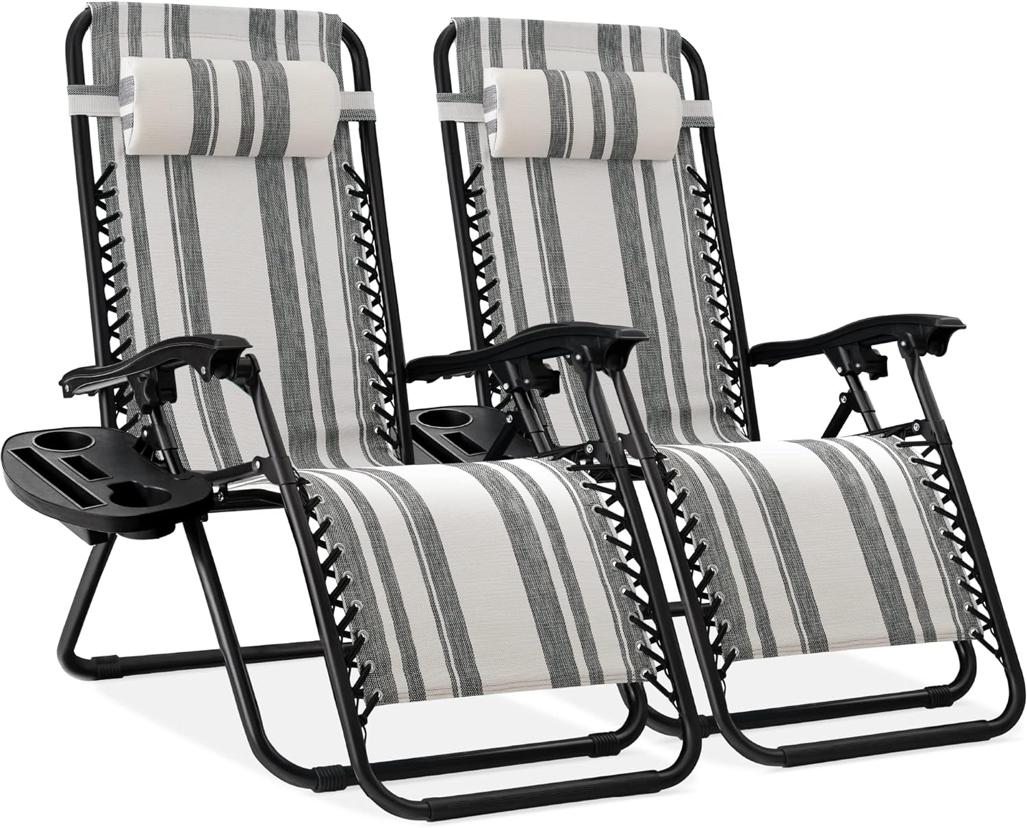 Best Choice Products Set of 2 Adjustable Steel Mesh Zero Gravity Lounge Chair Recliners w/Pillows and Cup Holder Trays - Light Blue