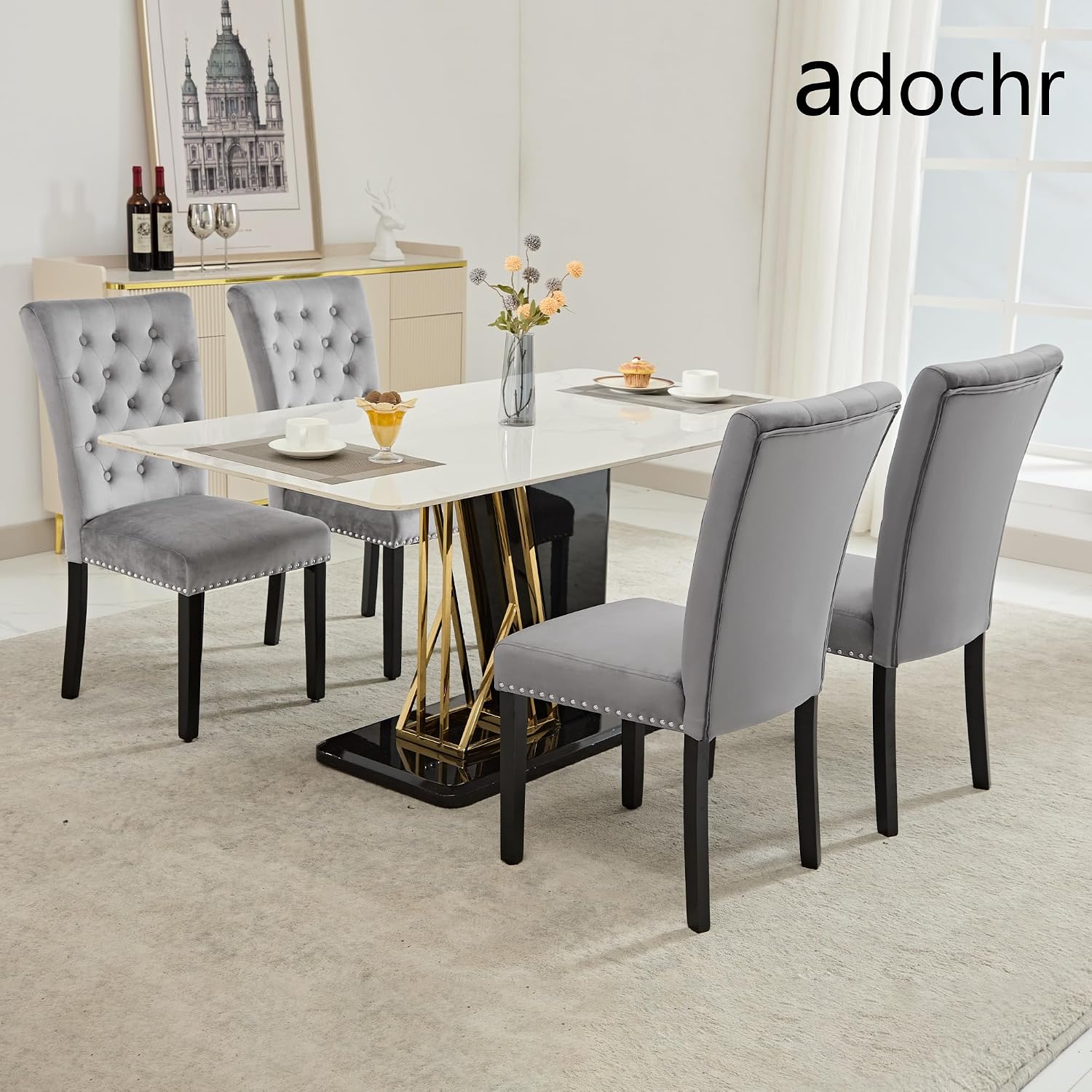 adochr Velvet Dining Chairs Set of 2, Parsons Kitchen Chair, Blue