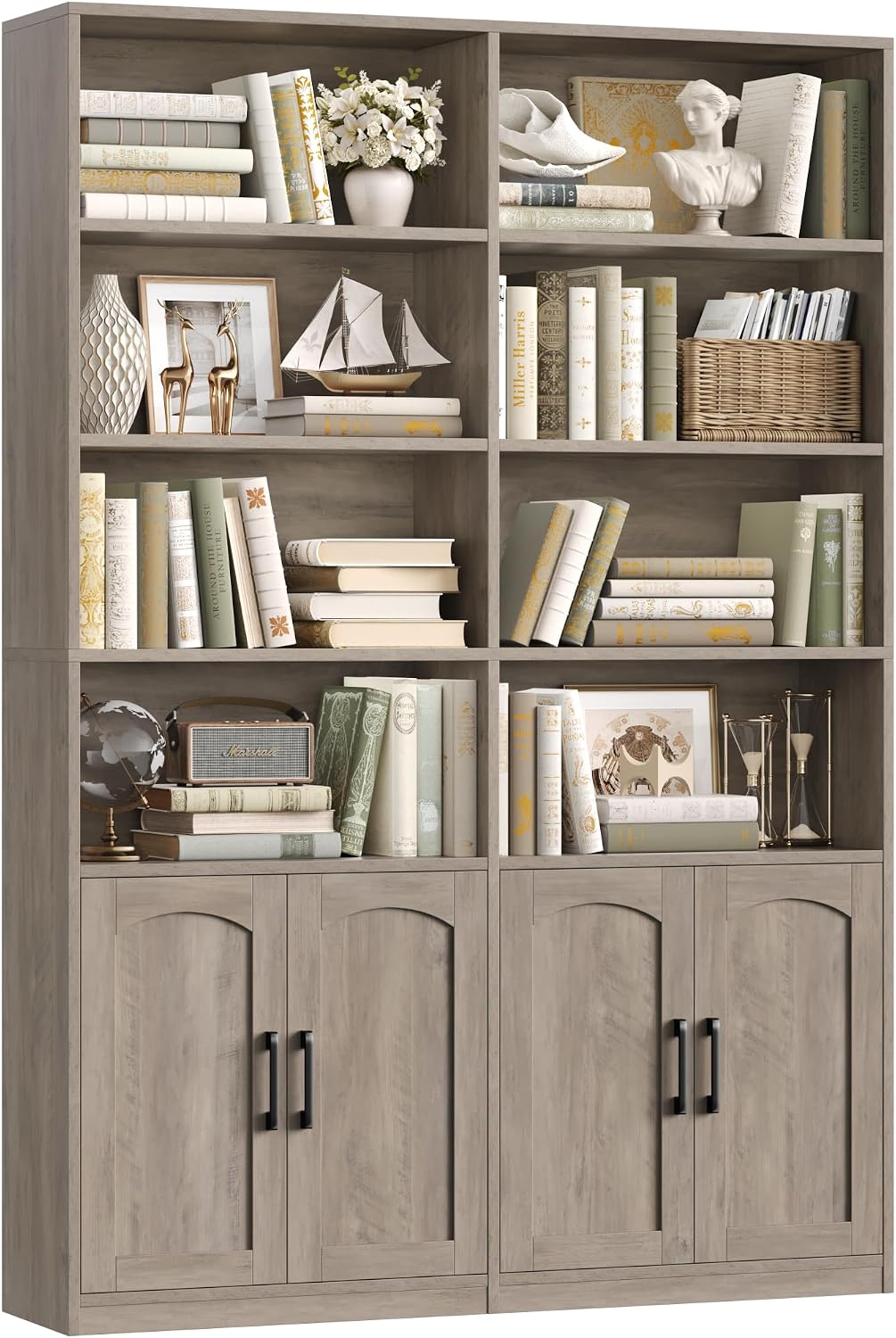 Bookshelf and Bookcase with Doors, Double Wide Large Bookshelves | Industrial Open Display Shelves 6 Tier, 73'' Tall Bookshelf with Storage Cabinets for Office,Home, Living Room, Library,White