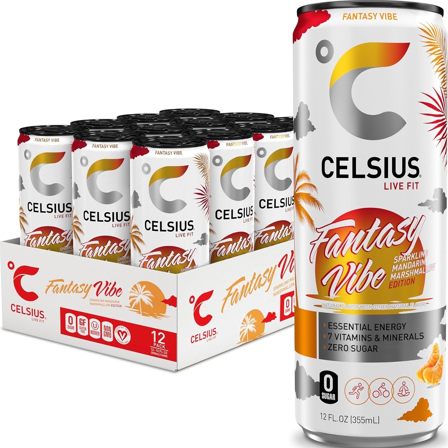 CELSIUS PEACH VIBE Sparkling White Peach, Sugar Free Energy Drink, 12 Fl Oz (Pack of 12)