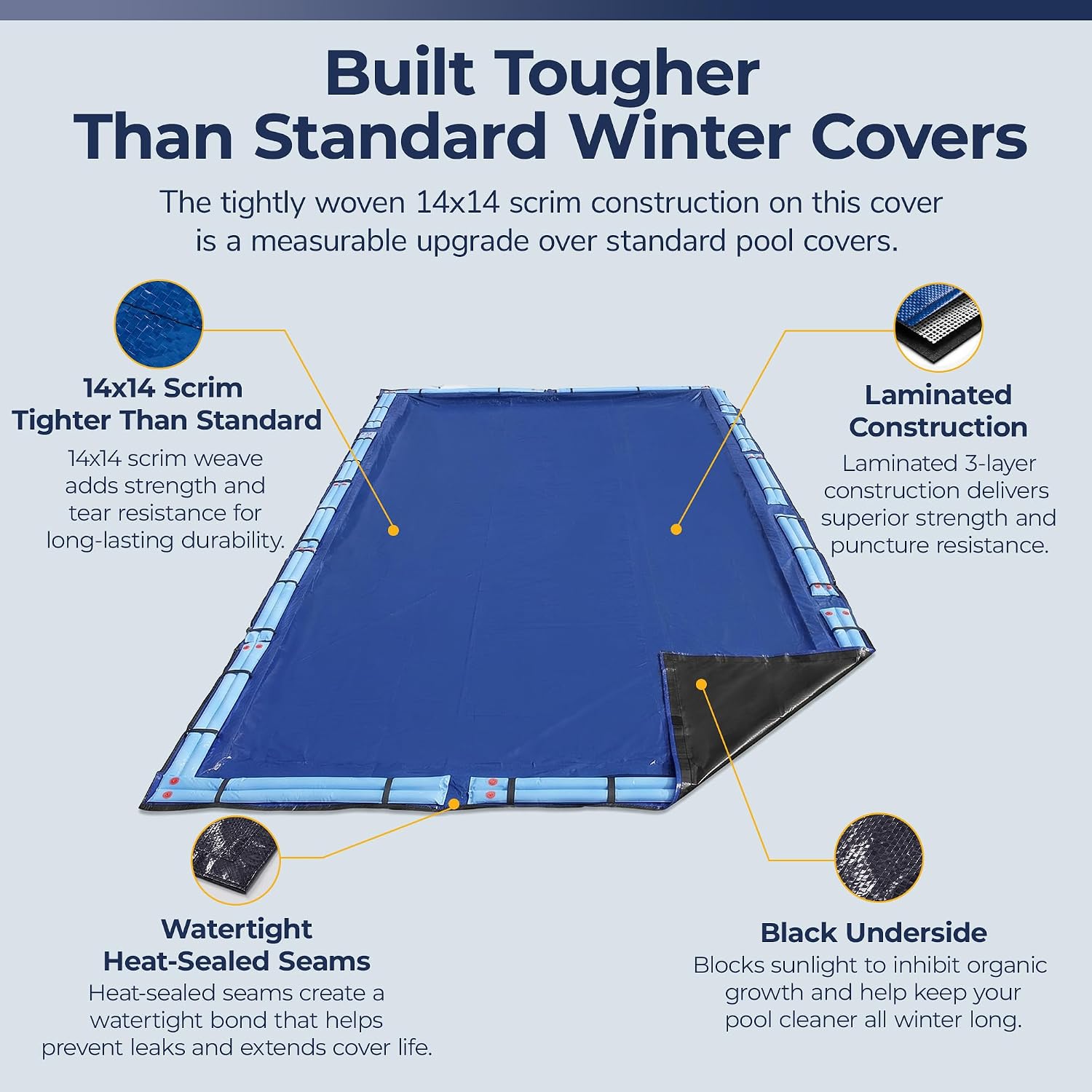 Blue Wave Arctic Armor 14x28-ft Rectangular In-Ground Pool Winter Cover | Solid polyethylene, black underside, heat-sealed seams, grommets, cable, winch, 5-ft overlap, 15-yr support, blocks debris