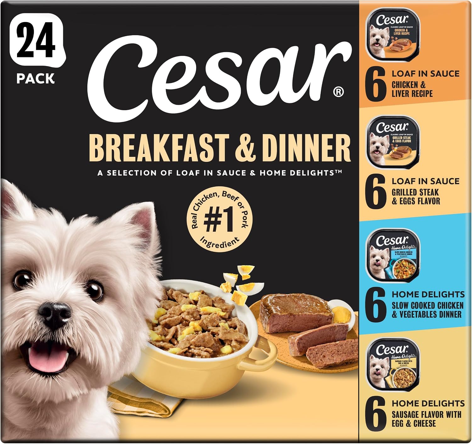 Cesar Wet Dog Food, Steak Lovers Variety Pack, 3.5 oz, 36 Count | Real meat #1 ingredient, easy peel trays, 100% complete & balanced, no fillers, no added sugar, no artificial flavors