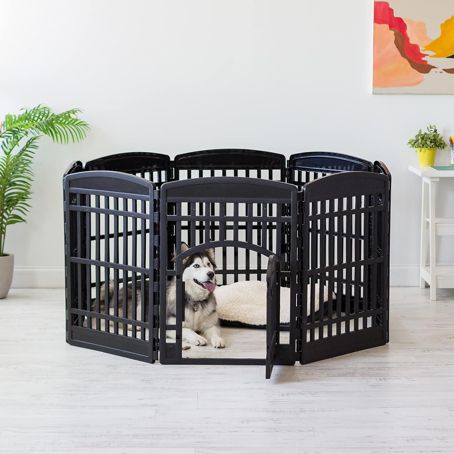 IRIS USA 4-Panel Dog Playpen, Pet Enclosure, Black | Pet Containment, Configurable Layout, Multi-Shape Setup, Custom Pen Configuration, Stable Non-Tip Base, Tool-Free Assembly
