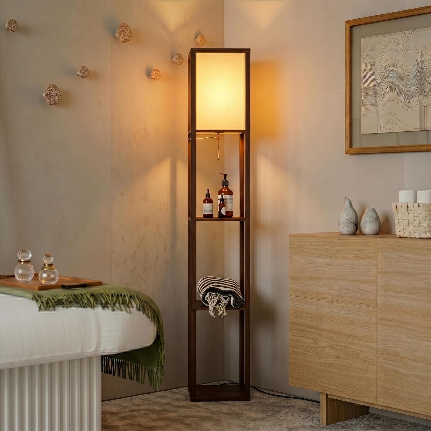 Brightech Maxwell - Modern Shelf Floor Lamp with Lamp Shade & Warm White LED Bulb, Corner Display Floor Lamp with Shelves for Living Room, Bedroom, Nightstand Office, Home Decor Storage - Natural Wood