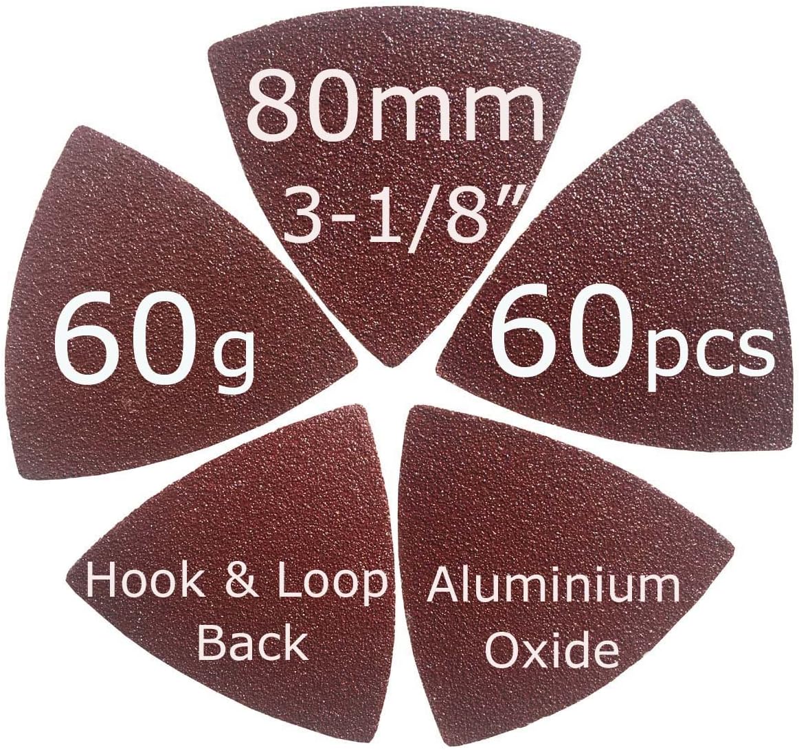 XXGO 55 Pcs 80mm 3-1/8 Inch Triangular Oscillating Multi Tool Sanding Pads | Assorted Grit , Hook & Loop Design , Strong Velcro , Best for Metal Wood Sanding