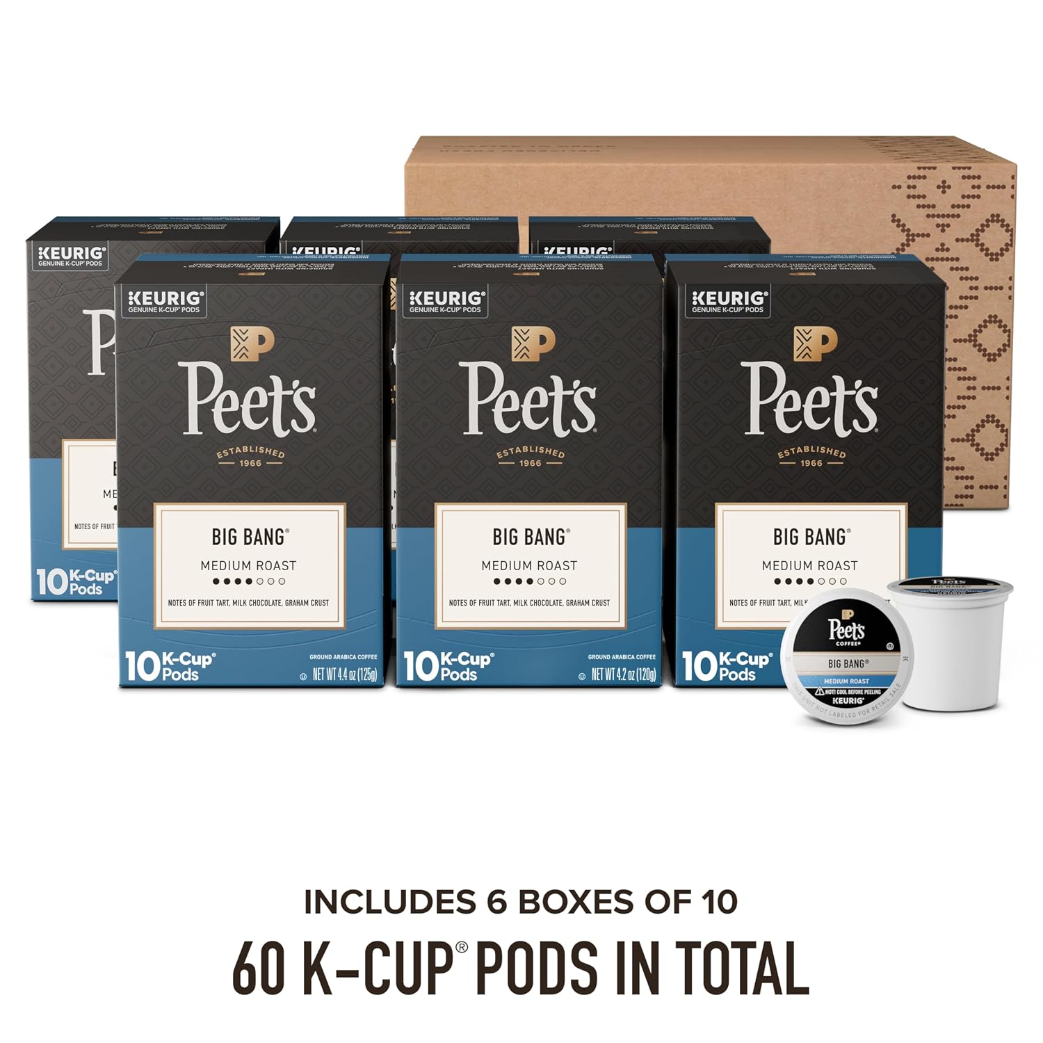 Peet's Coffee, Medium Roast Keurig K-Cup Pods, 100% Arabica Coffee - Big Bang 60 Count (6 Boxes of 10 K-Cup Pods)
