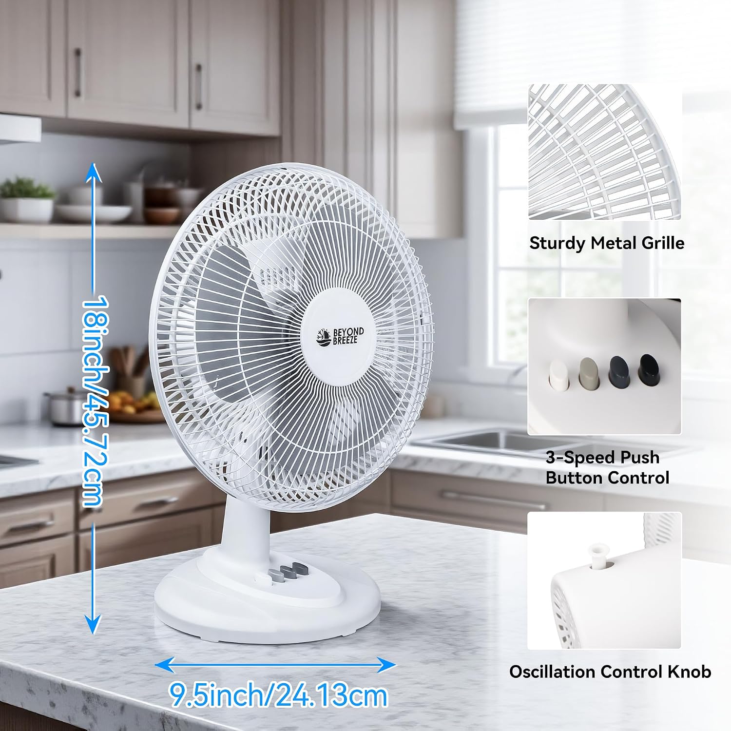 BEYOND BREEZE Oscillating Table Fan for Bedroom, 12-Inch & 3 Speeds, White
