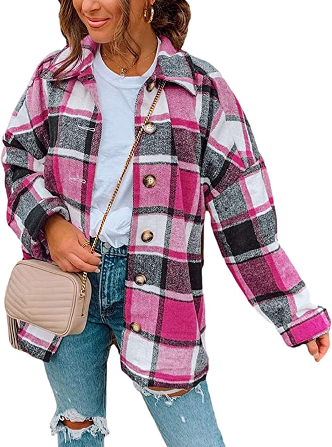 Yeokou Women's Plaid Flannel Shacket Oversized Button Down Long Sleeve Shirt Jacket Casual Spring Fall Outfits