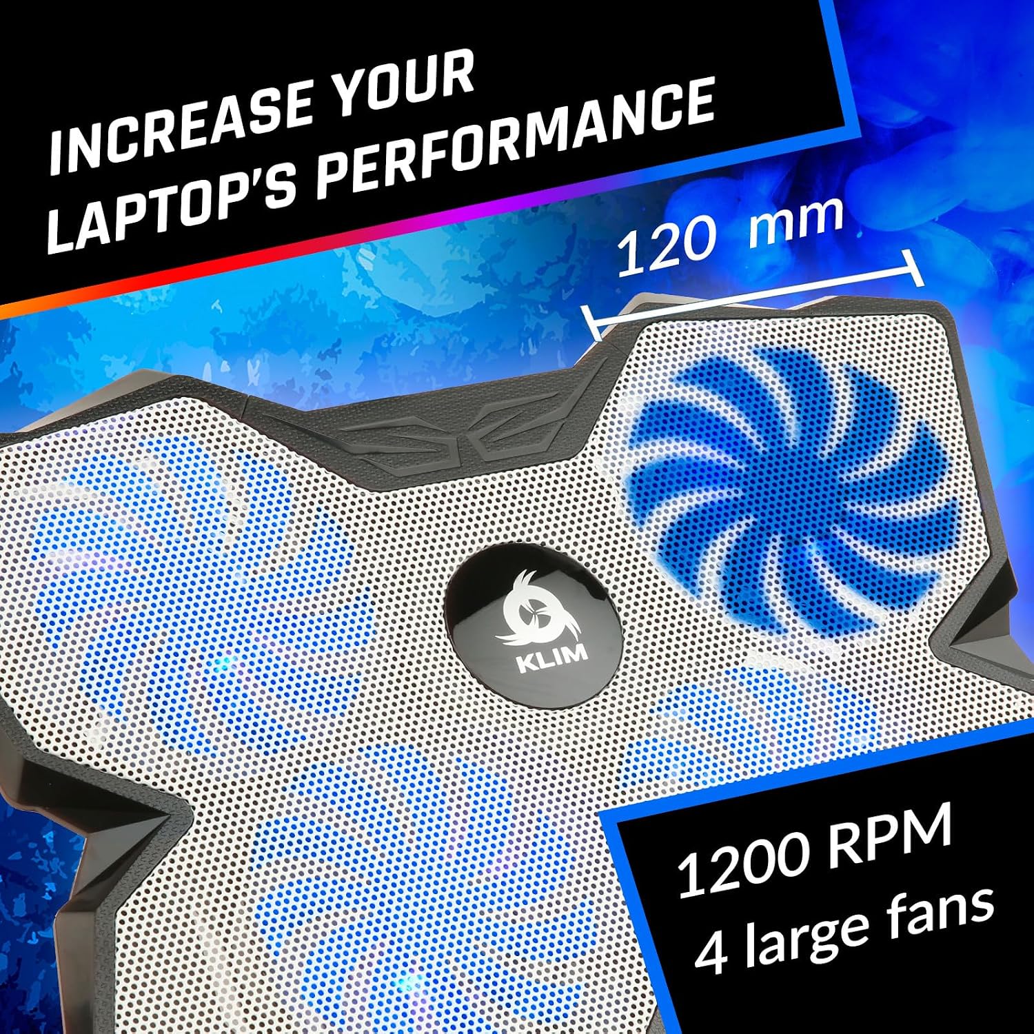KLIM Wind Laptop Cooling Pad - More Than 500 000 Units Sold - New Version - The Most Powerful Rapid Action Cooling Fan - Laptop Stand with 4 Cooling Fans at 1200 RPM - USB Fan - PS5 PS4 - Blue