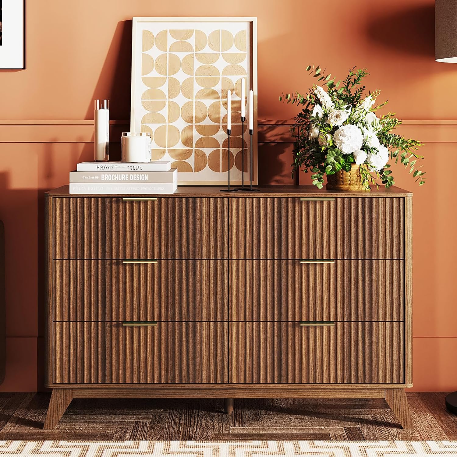 VINGLI Fluted Tall Dresser 5 Drawer, 23.66" W Chest of Drawers Gray Wood Dresser with Rounded Edges, Grey Dressers for Bedroom