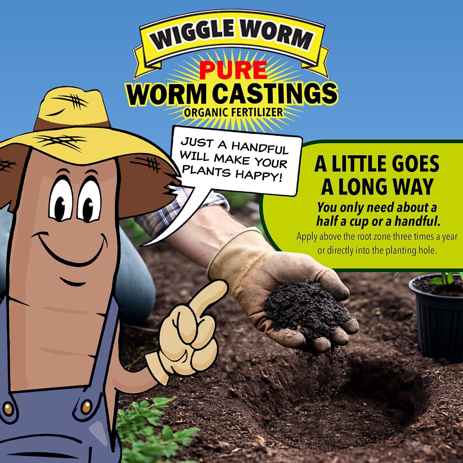 Wiggle Worm 100% Pure Organic Worm Casting Fertilizer, 15lb | Mineral-Dense Formula Improves Soil Fertility, Aeration & Healthy Root Growth for Houseplants & Vegetables