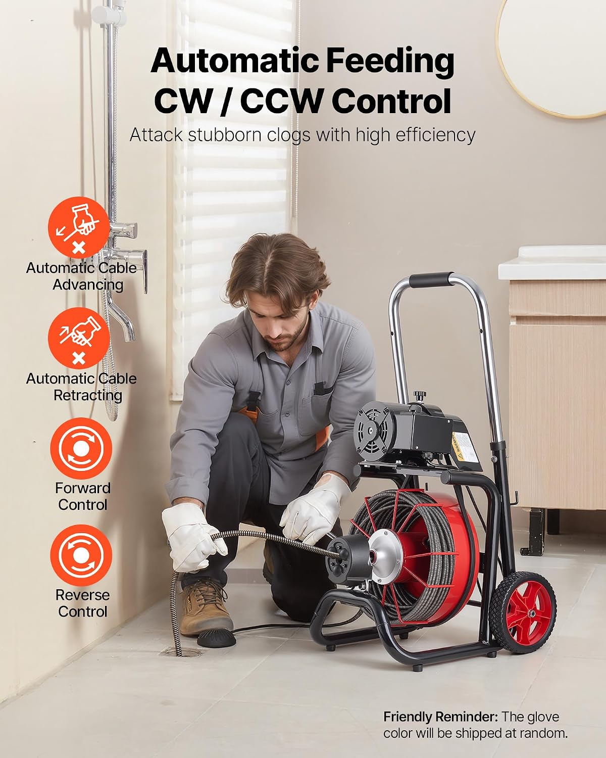 VEVOR Drain Cleaner Machine 75 FT x 3/8 Inch, Sewer Snake Auger Manual Feed with 4 Cutters & Air-activated Foot Switch for 2" to 4" Pipes