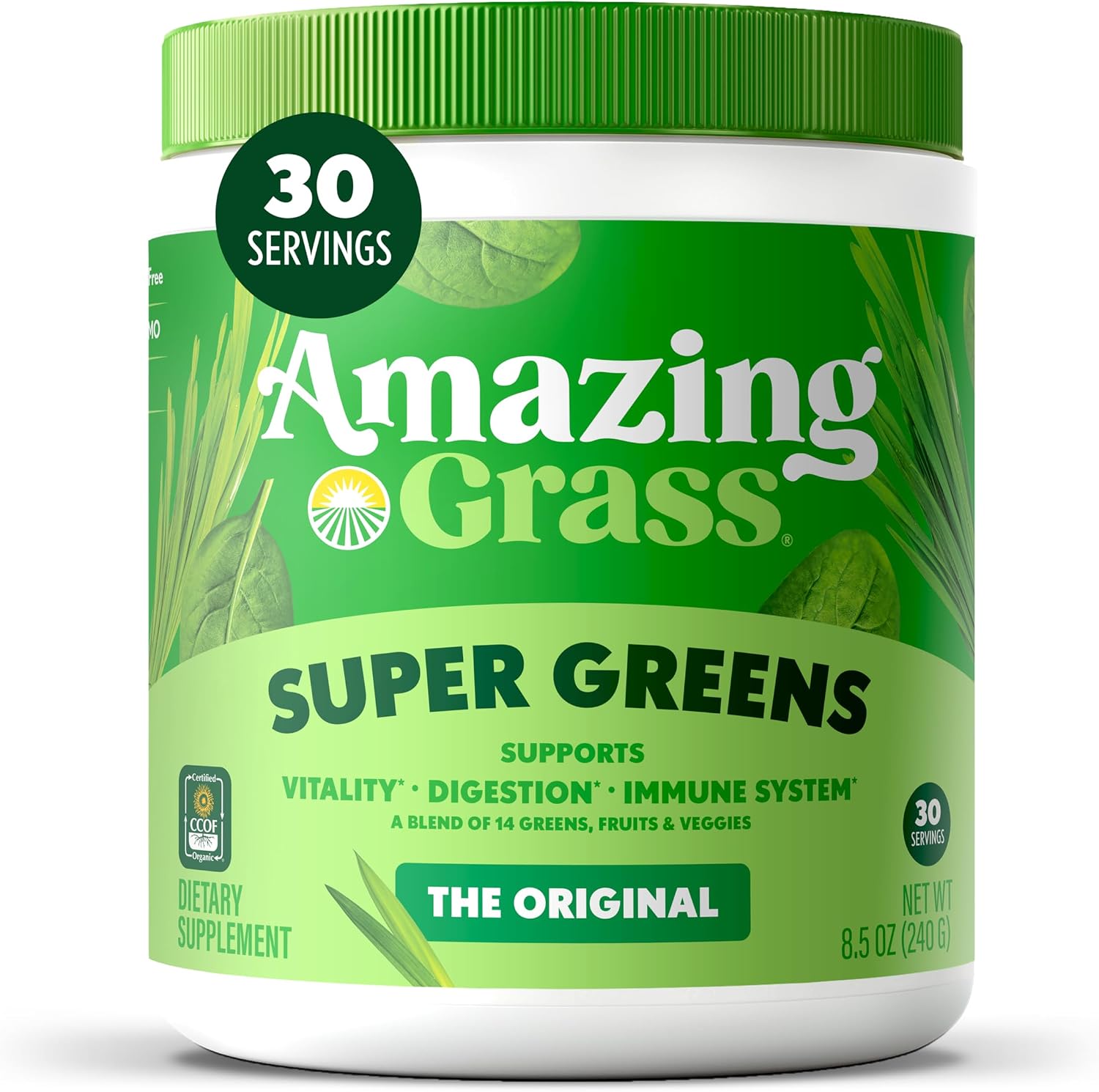 Amazing Grass Super Greens Powder Original, 60 Servings, 16.9 oz | Organic Greens Superfood Powder with Spirulina, Beet Root, Probiotics & Digestive Enzymes to Support Digestion