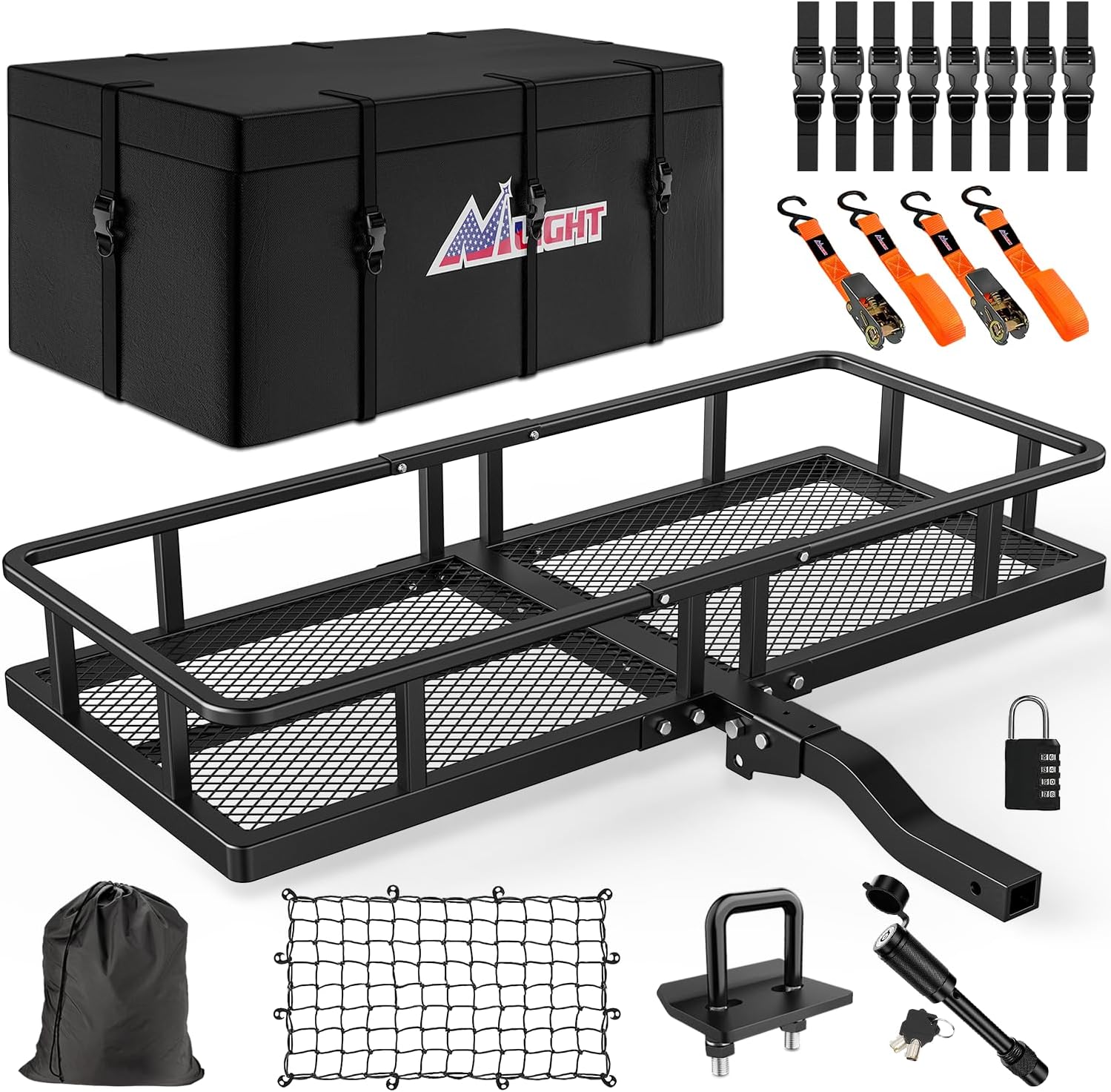 Nilight 32”×26”×4” RV Bumper Mounted Cargo Rack Carrier with Net Fits 4-inch or 4-1/2-inch Bumpers Heavy Duty Luggage Holder Basket for RV Camping Traveling Capacity 350LBS