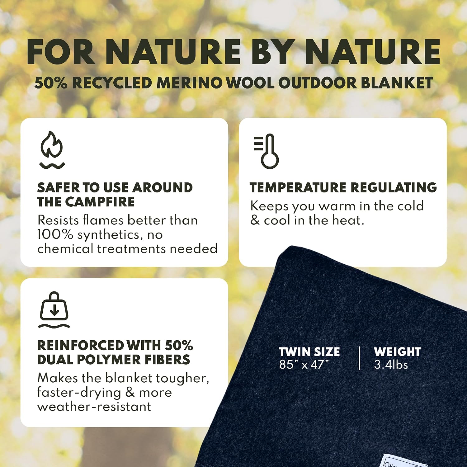 Woolly Mammoth Woolen Company Merino Wool Blanket, 66" x 90" Moss | Temperature Regulating - Fire-Resistant - Warm Camping Blanket for Car Emergency Kits, Picnics, Summer Festivals and Stadiums