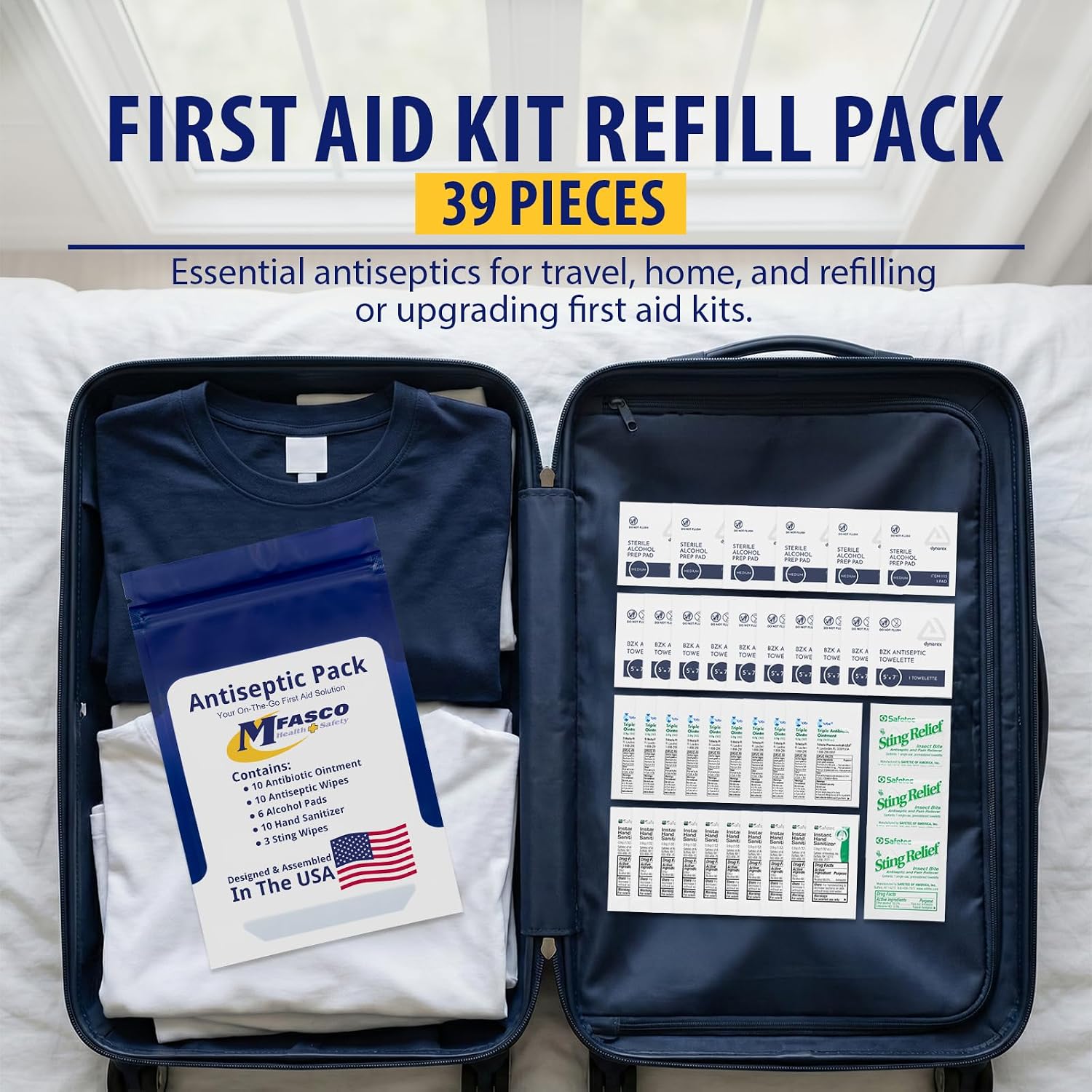 MFASCO Antiseptic Wound Care Travel Pack | 39 Piece First Aid Kit Refill | BZK, Antiseptic Wipes, Sting Relief, Wound Ointment | Essential First Aid Supplies | Refill Personal First Aid Kits