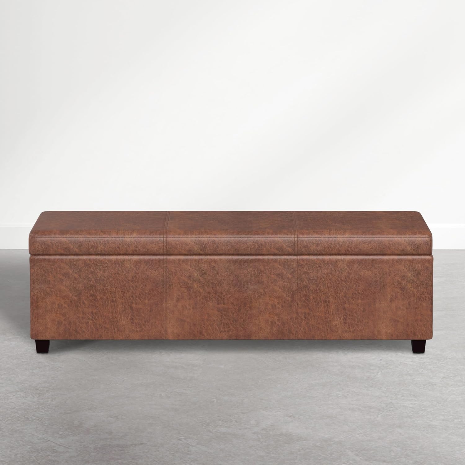 SIMPLIHOME Avalon 54" Wide Vegan Leather Storage Ottoman in Tanners Brown