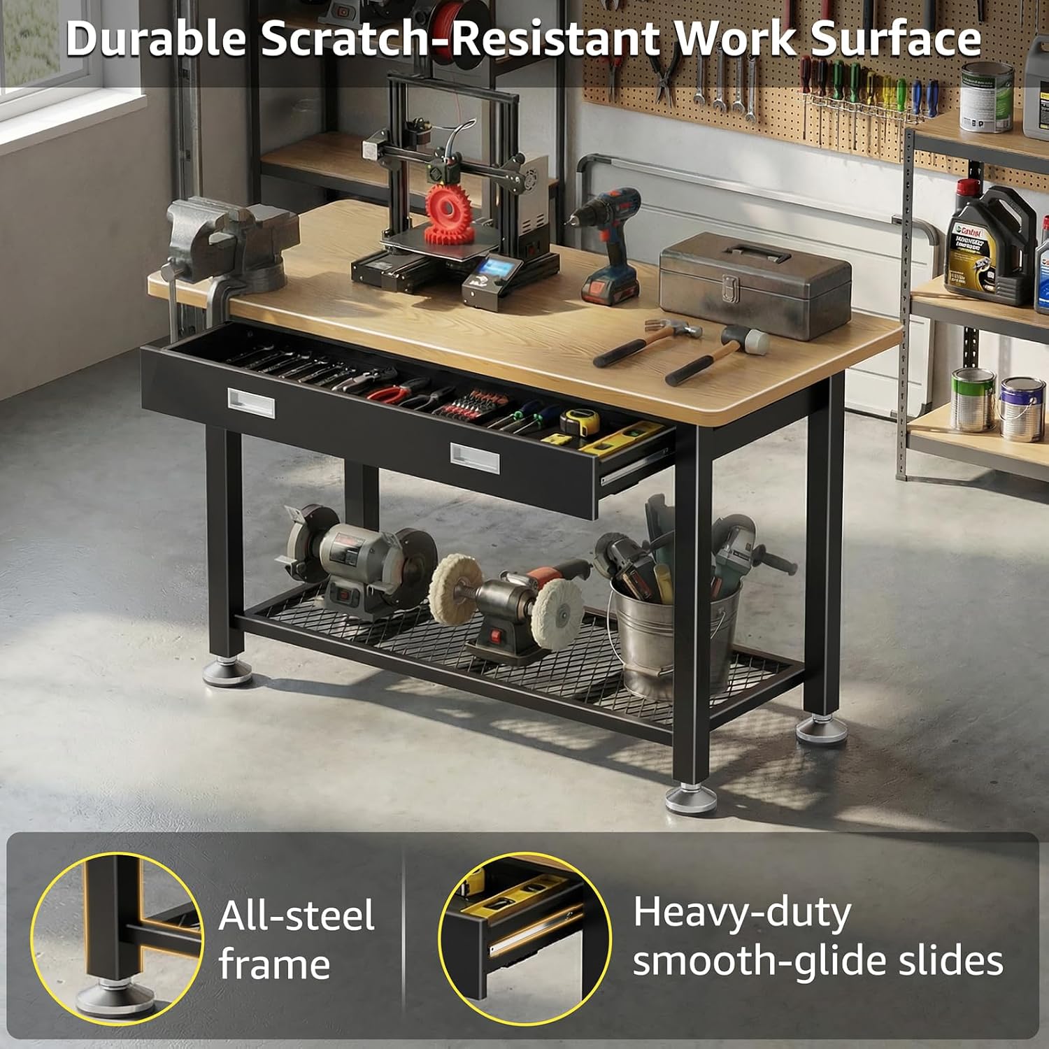 39.4" Workbench with Drawer and Pegboard - Heavy Duty Steel Garage Work Table, Small Tool Bench for Workshop, Woodworking, Crafting & Repair