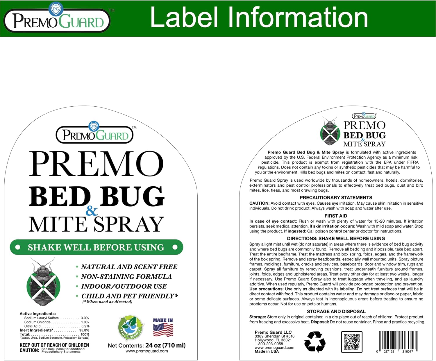 Premo Guard Bed Bug & Mite Killer Spray – University Tested 100% Kill Rate | Natural, Safe for Bedding, Furniture, Fabrics, and Clothing, Non Toxic, Stain & Scent Free, Child & Pet Safe