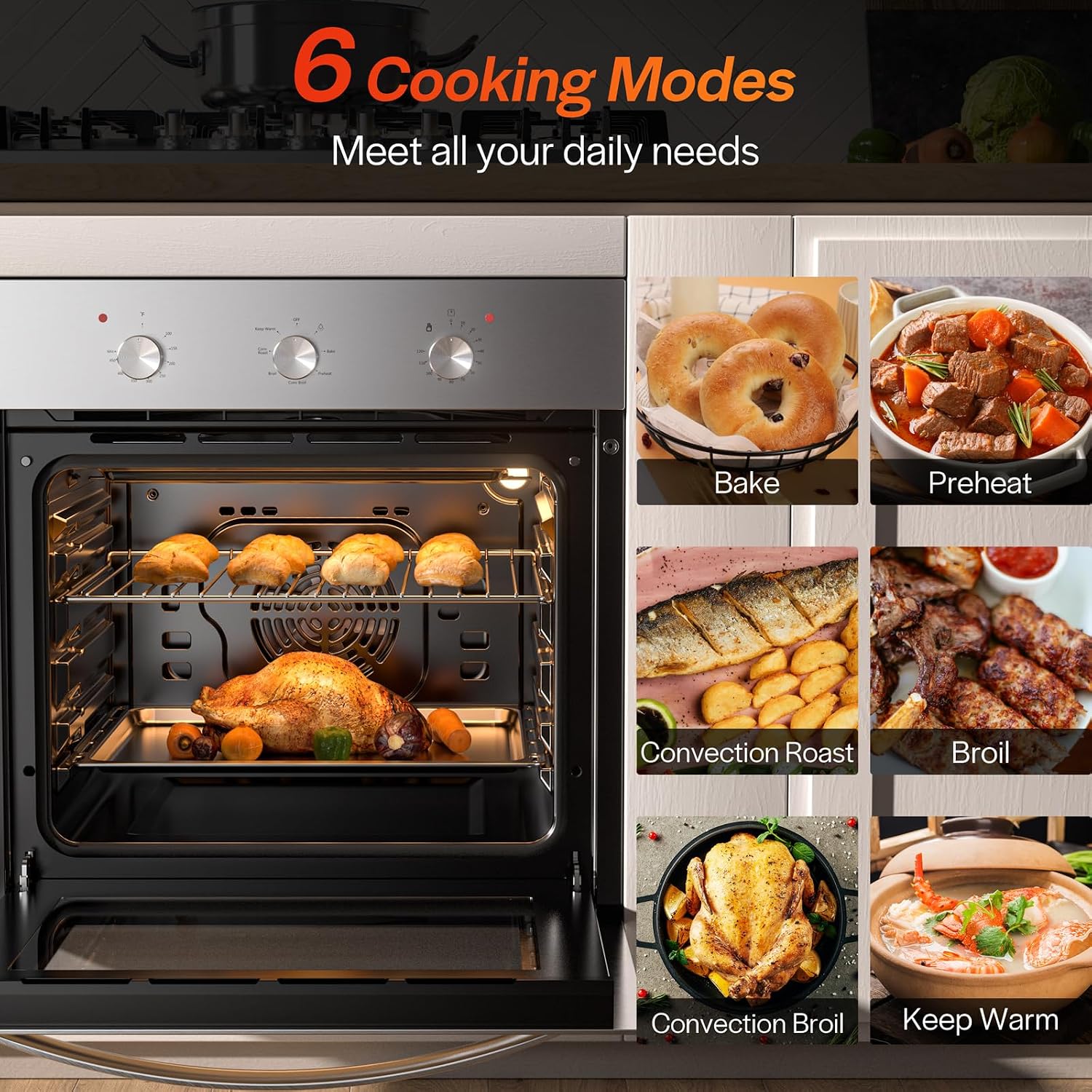 Empava 24" Electric Single Wall Oven with 6 Cooking Functions | Mechanical Knobs Control in Stainless Steel